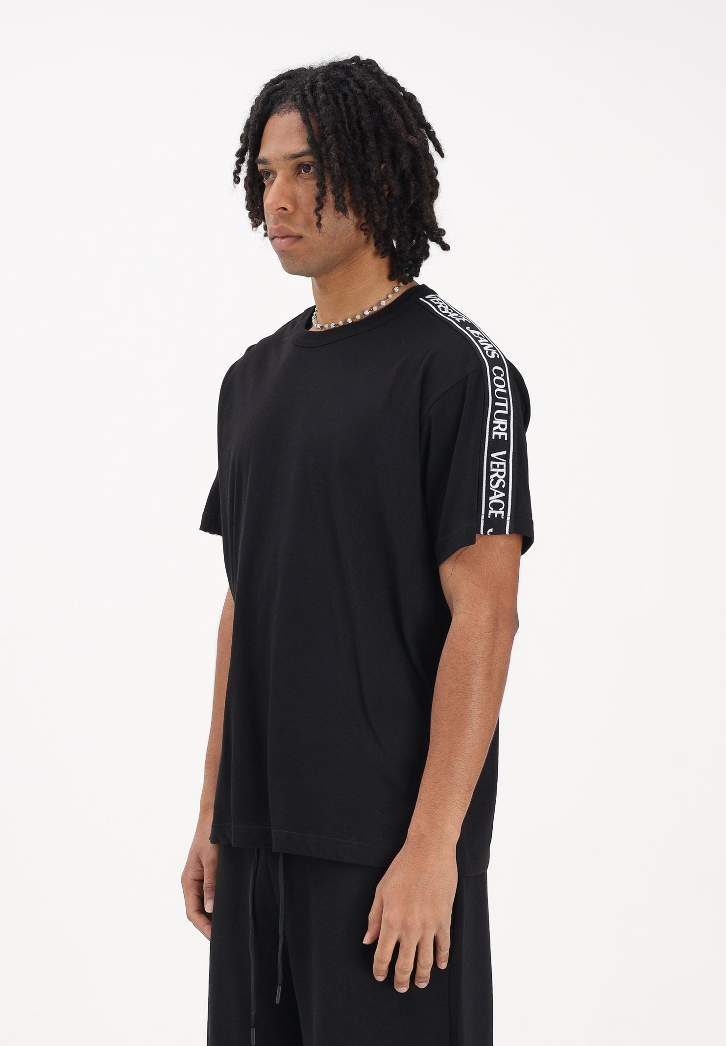 VERSACE JEANS COUTURE T-shirt a manica corta nera da uomo con inserti logati 80GAHT16CJ00T 899 VERSACE JEANS COUTURE
