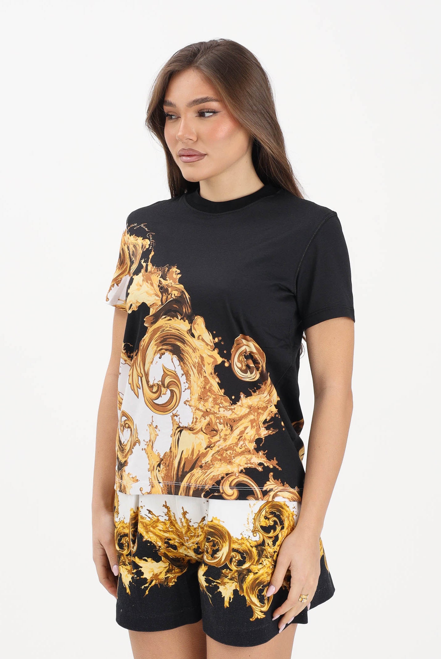 VERSACE JEANS COUTURE T-shirt a manica corta nera e bianca da donna con stampa Wave Couture 80HAH6P3JS542 GL1 VERSACE JEANS COUTURE