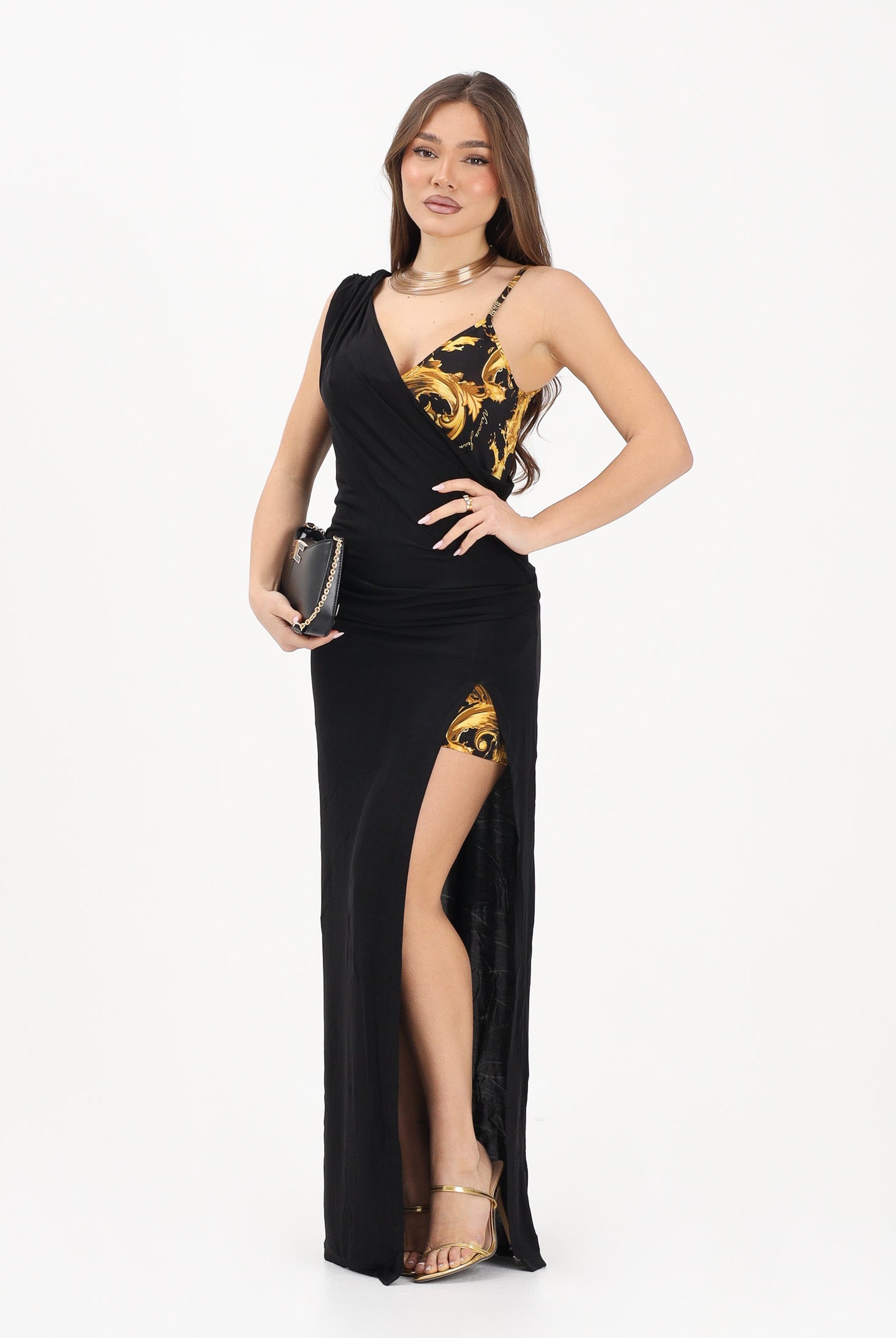 VERSACE JEANS COUTURE Abito lungo nero da donna con inserto a fantasia Wave Couture 80HAO912JS533 G89 VERSACE JEANS COUTURE