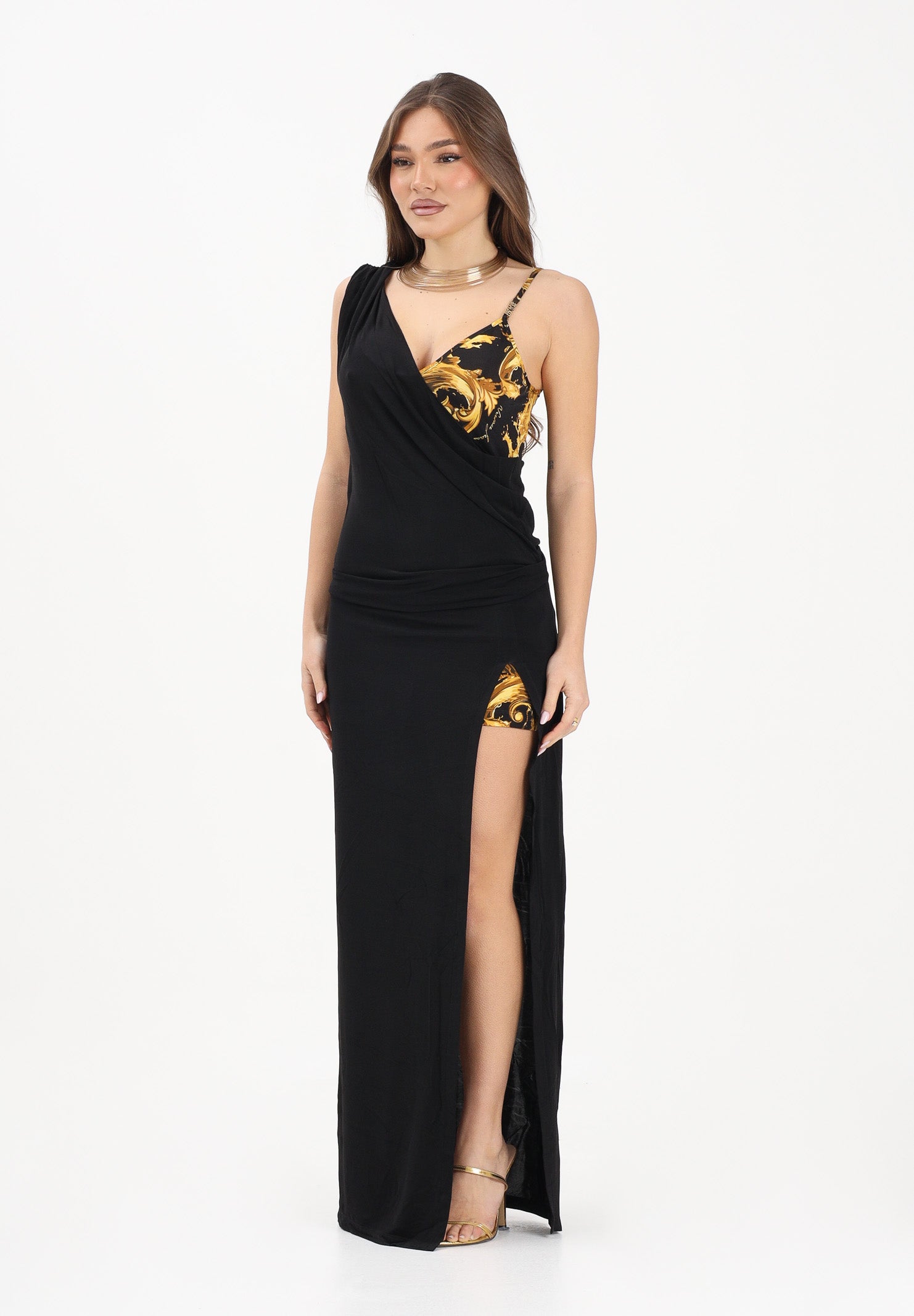 VERSACE JEANS COUTURE Abito lungo nero da donna con inserto a fantasia Wave Couture 80HAO912JS533 G89 VERSACE JEANS COUTURE