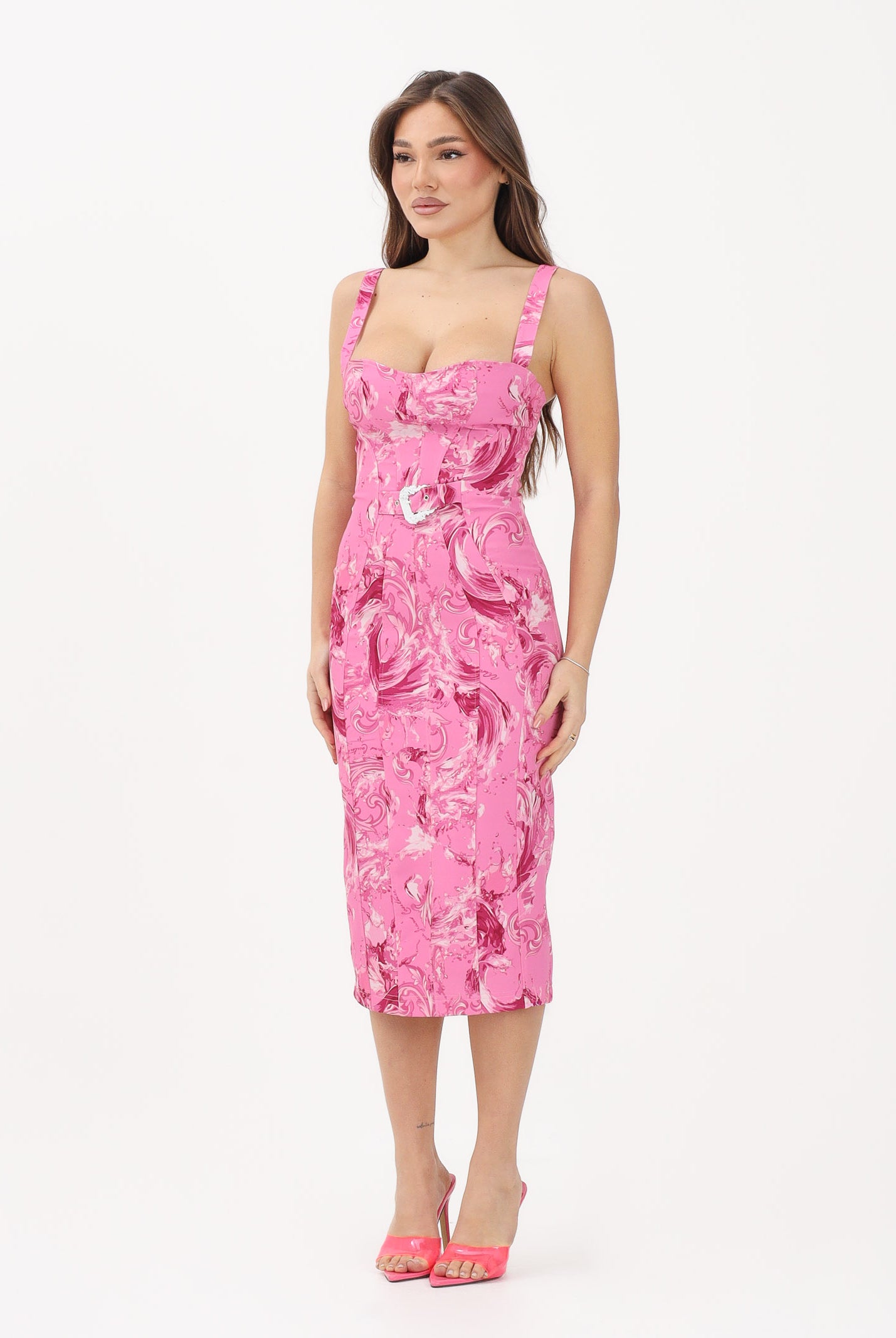 VERSACE JEANS COUTURE Abito midi fucsia da donna con stampa Wave Couture 80HAO940NS756 499 VERSACE JEANS COUTURE
