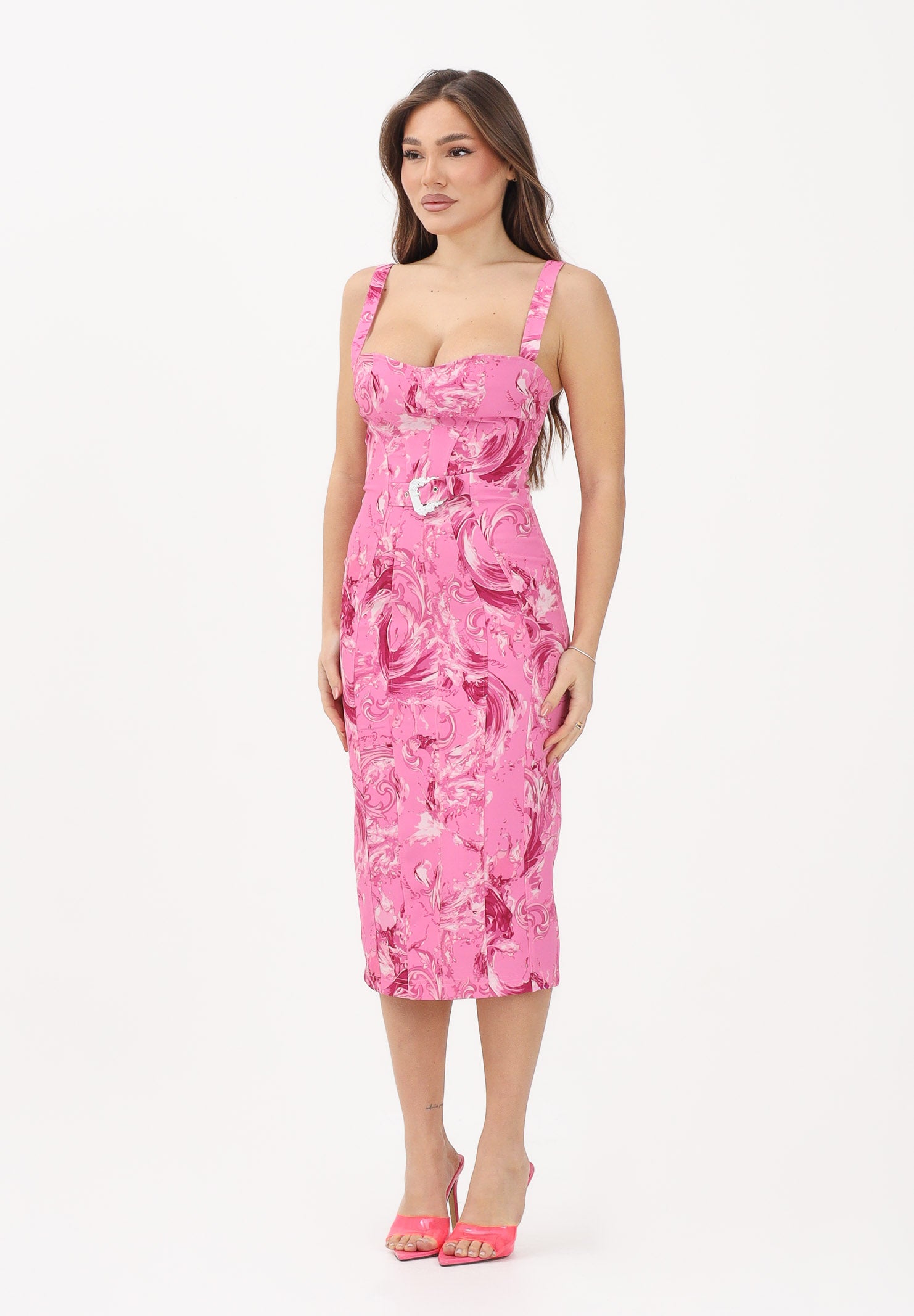 VERSACE JEANS COUTURE Abito midi fucsia da donna con stampa Wave Couture 80HAO940NS756 499 VERSACE JEANS COUTURE