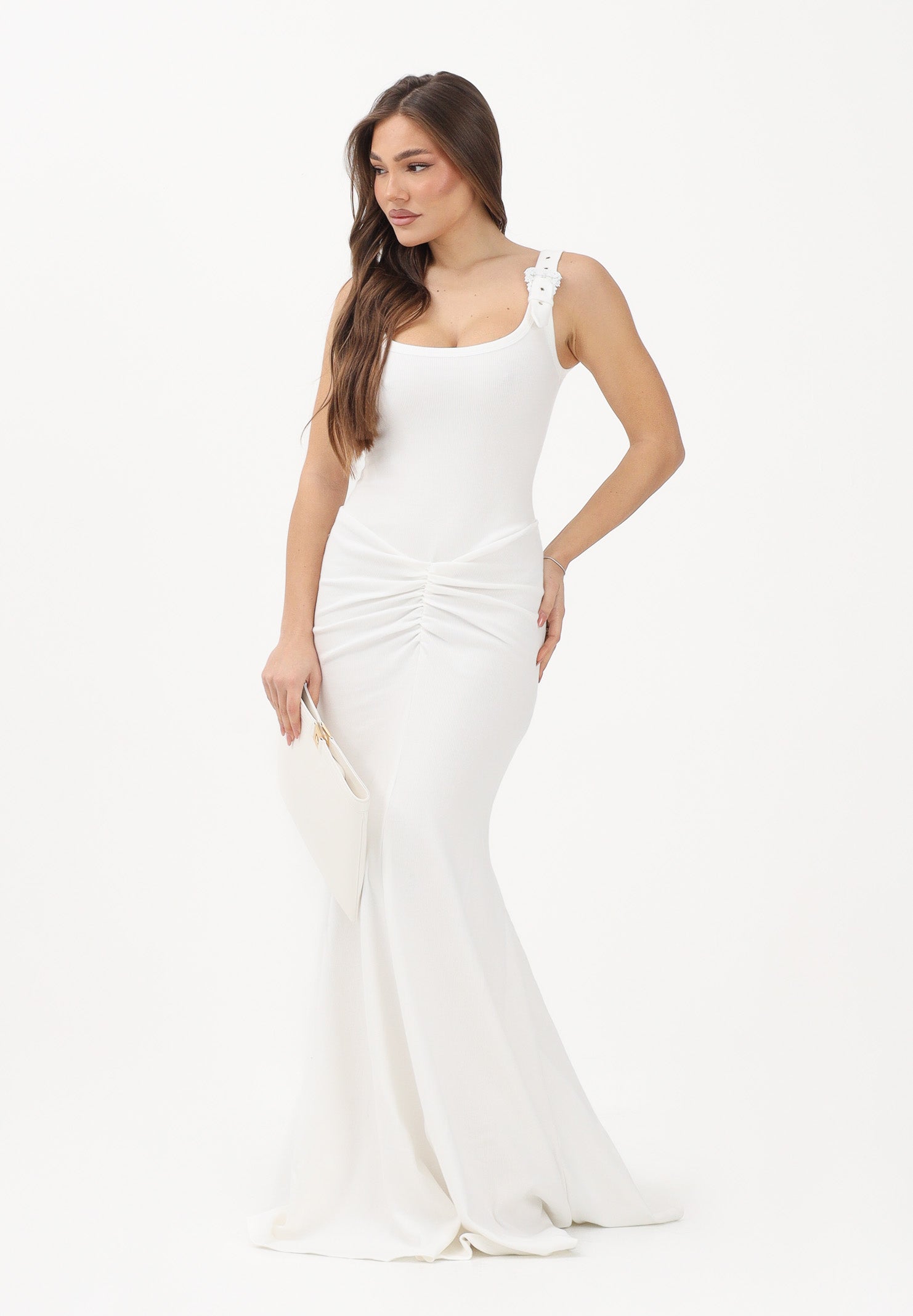 VERSACE JEANS COUTURE Abito lungo bianco da donna con fibbie Baroque 80HAO970J0198 039 VERSACE JEANS COUTURE