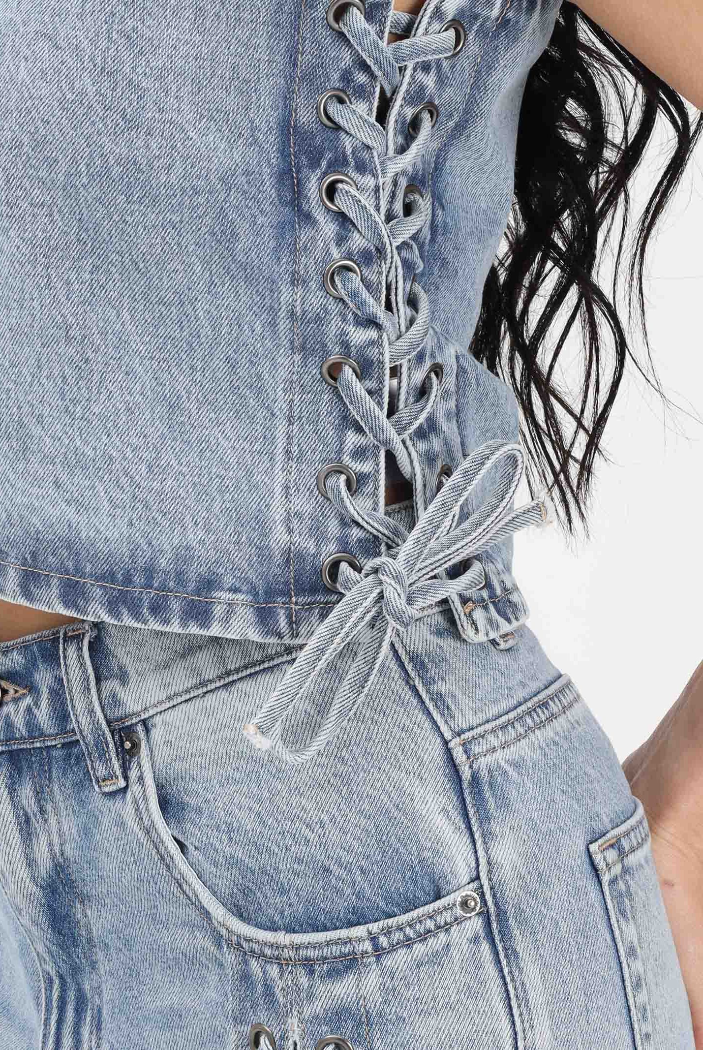 VICOLO Top in denim chiaro da donna con lacci laterali DAB5013 DECH VICOLO