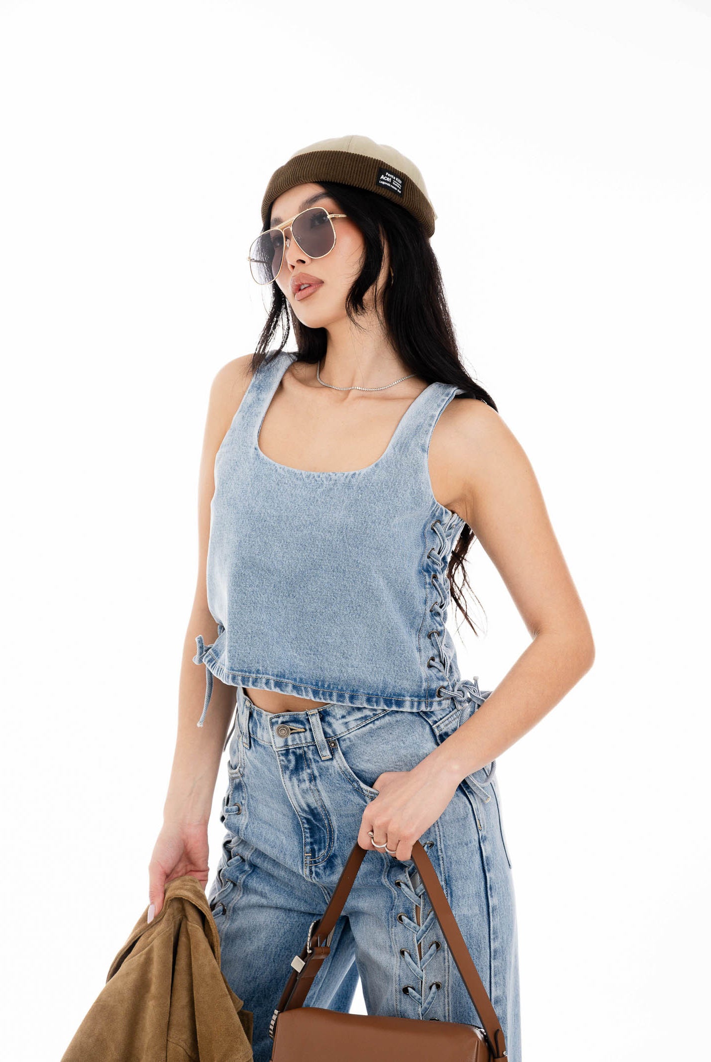 VICOLO Top in denim chiaro da donna con lacci laterali DAB5013 DECH VICOLO