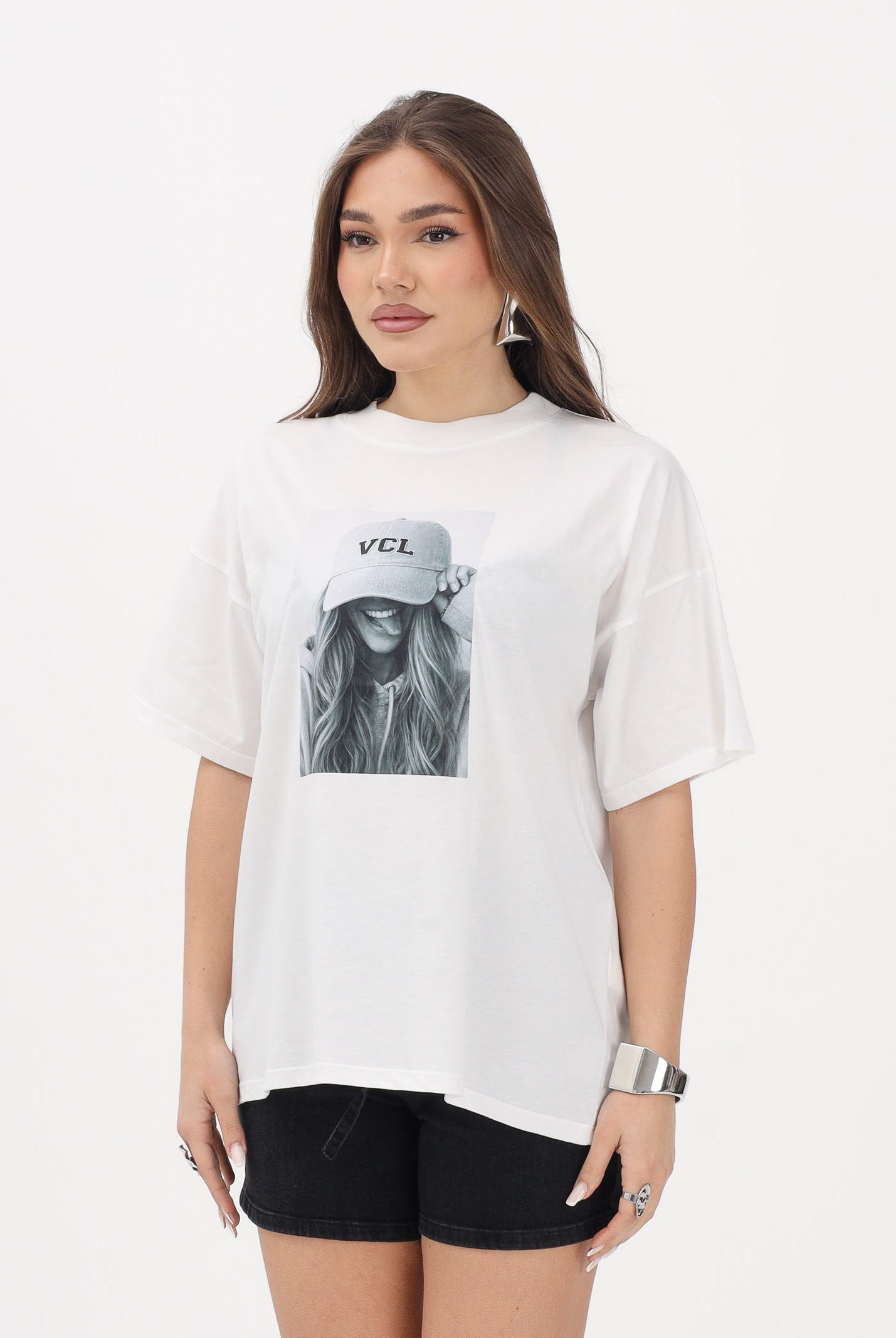 VICOLO T-shirt a manica corta bianca da donna con stampa RAB0495 02 VICOLO