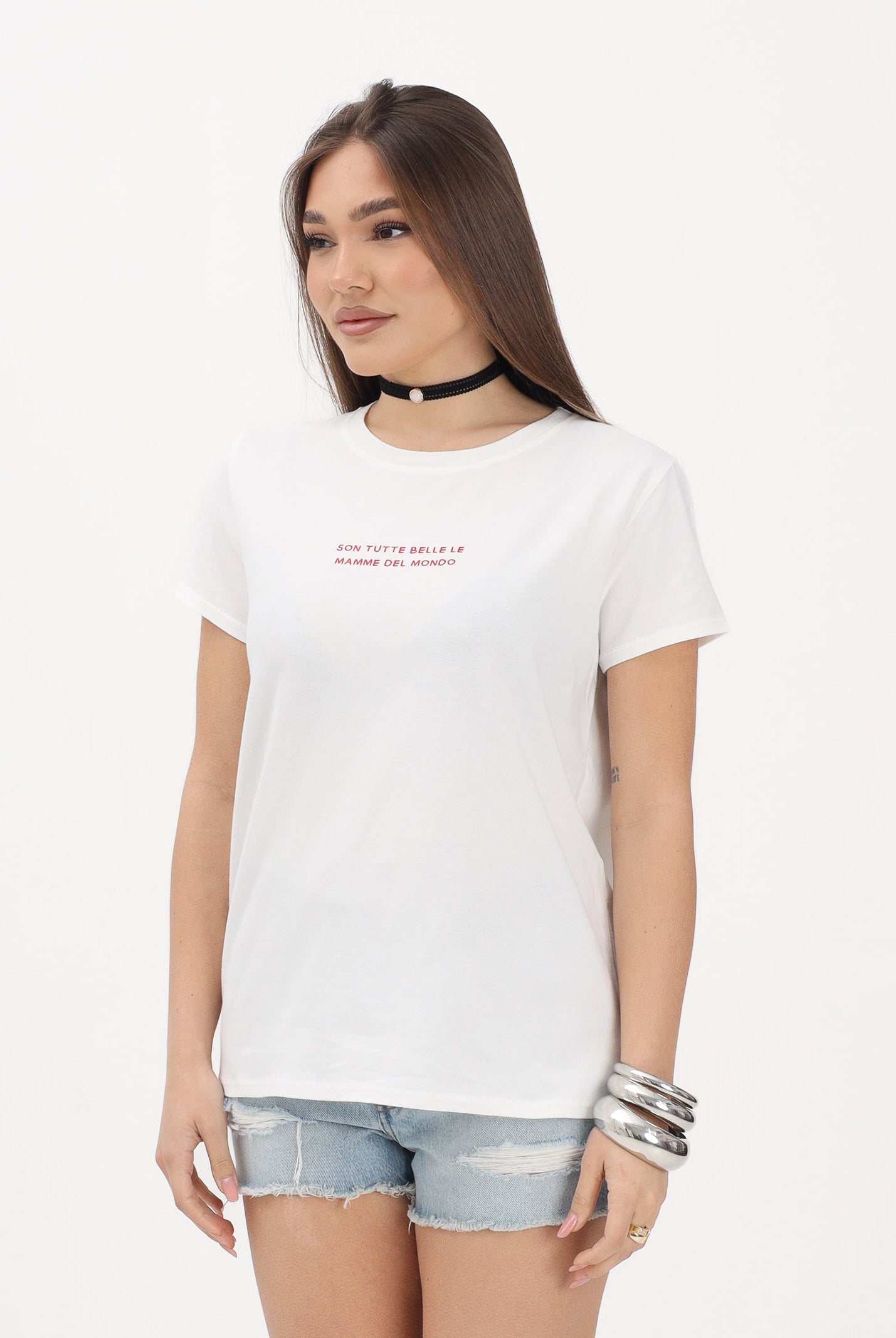 VICOLO T-shirt a manica corta bianca da donna con stampa "Son tutte belle le mamme del mondo" RAB0740 02 VICOLO