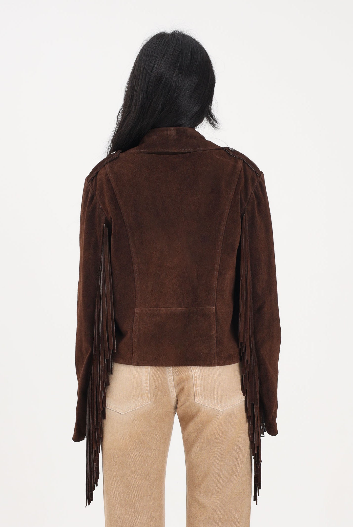VICOLO Giubbotto moro da donna in morbido suede con frange TAB0172 ABU68 VICOLO