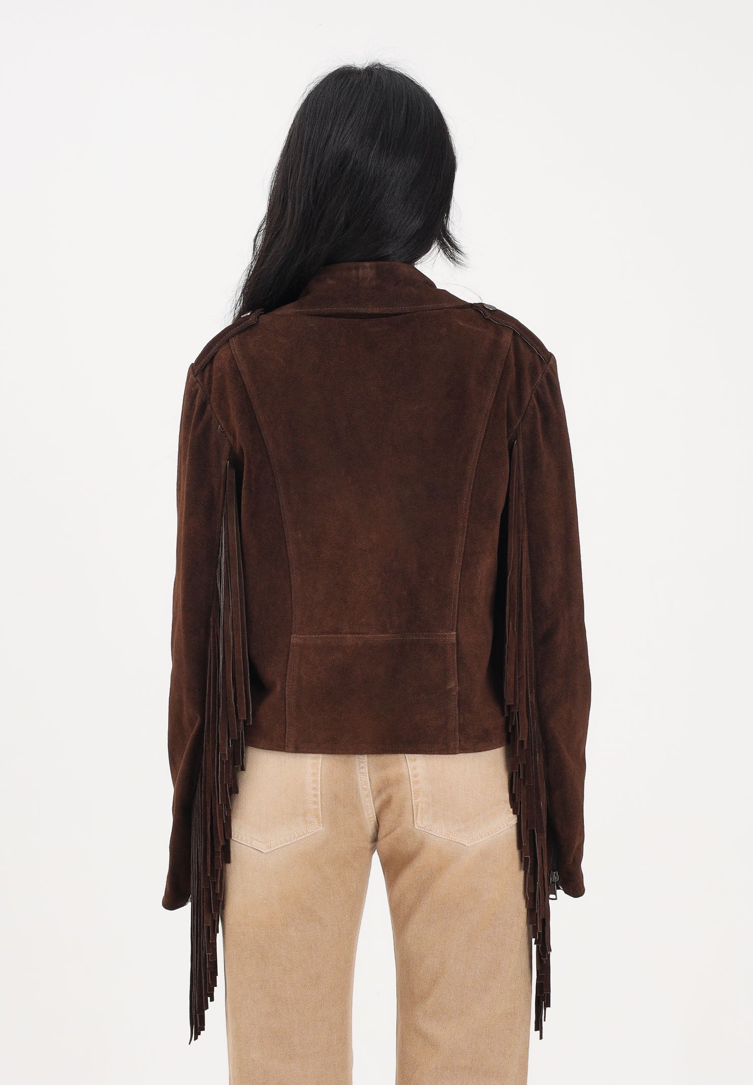 VICOLO Giubbotto moro da donna in morbido suede con frange TAB0172 ABU68 VICOLO