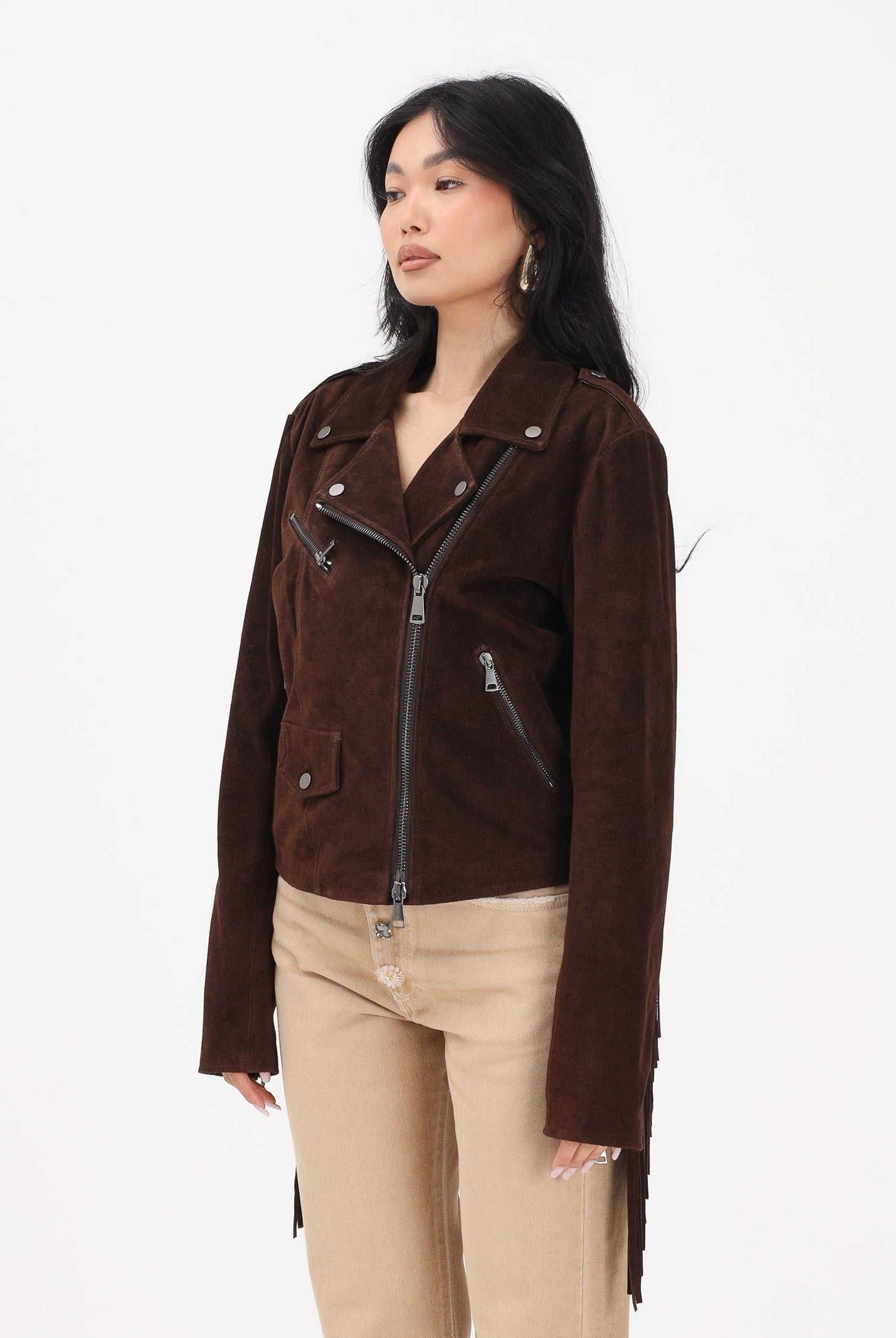 VICOLO Giubbotto moro da donna in morbido suede con frange TAB0172 ABU68 VICOLO