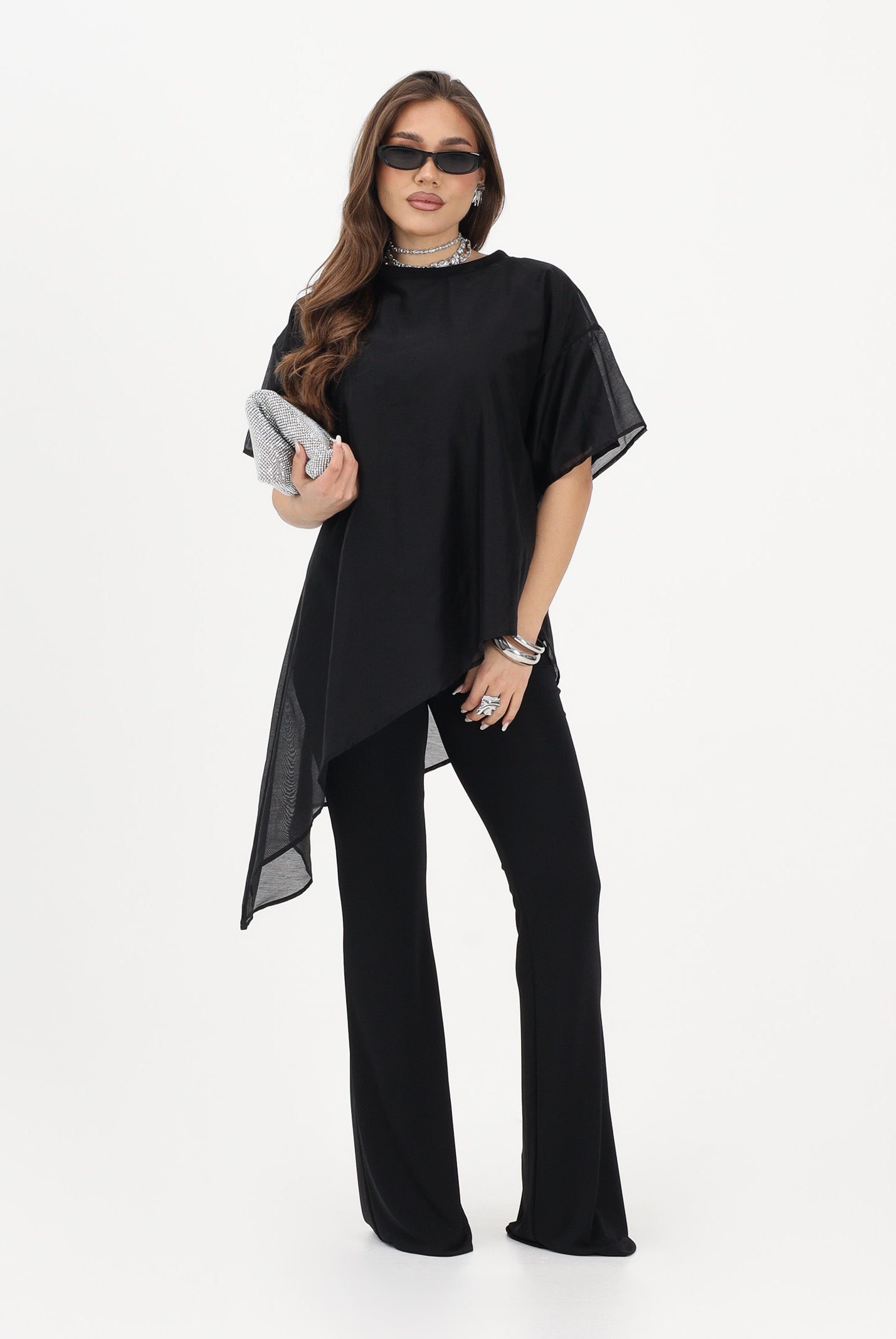 VICOLO T-shirt a manica corta nera da donna in tessuto velato UAB018 NE VICOLO