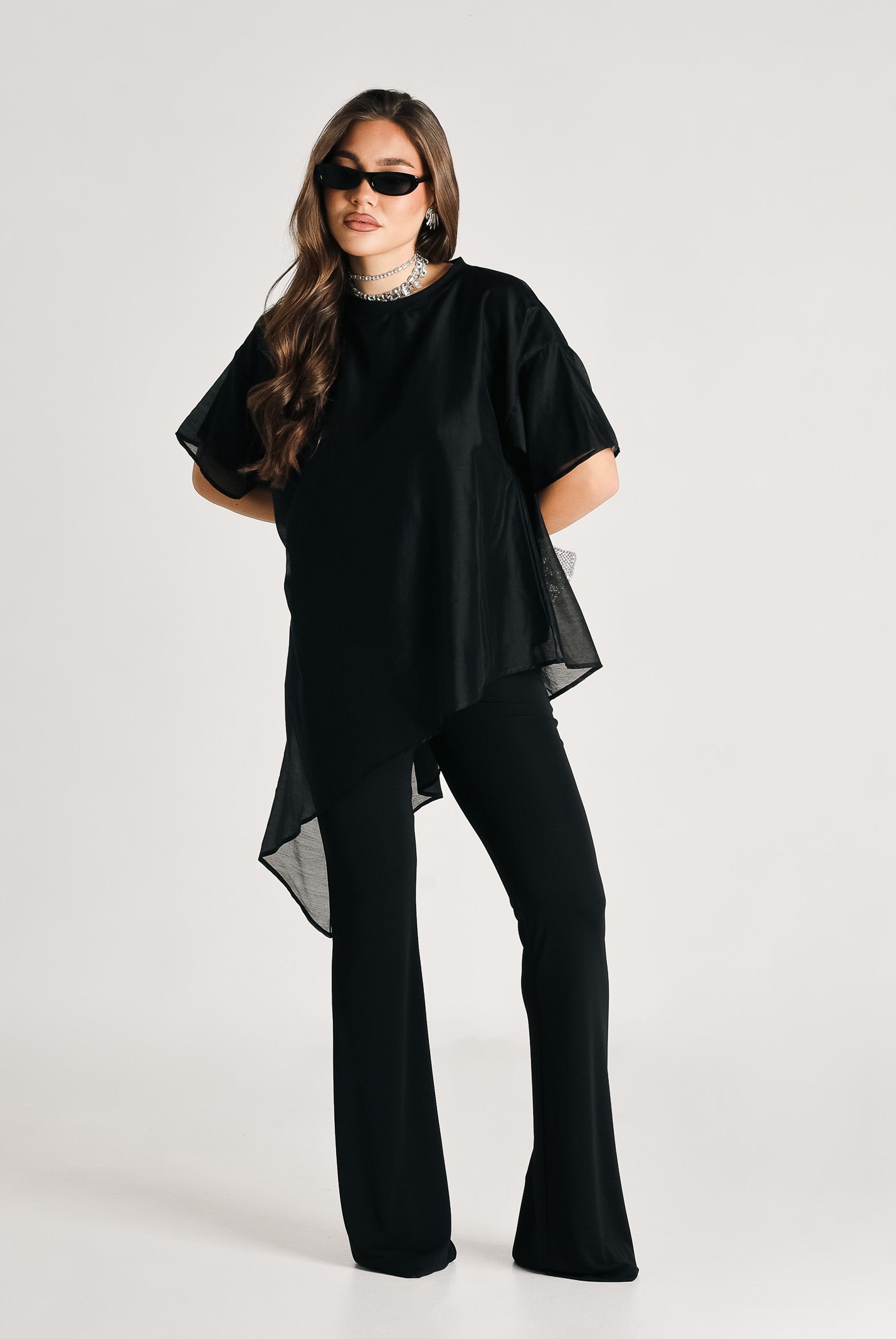 VICOLO T-shirt a manica corta nera da donna in tessuto velato UAB018 NE VICOLO