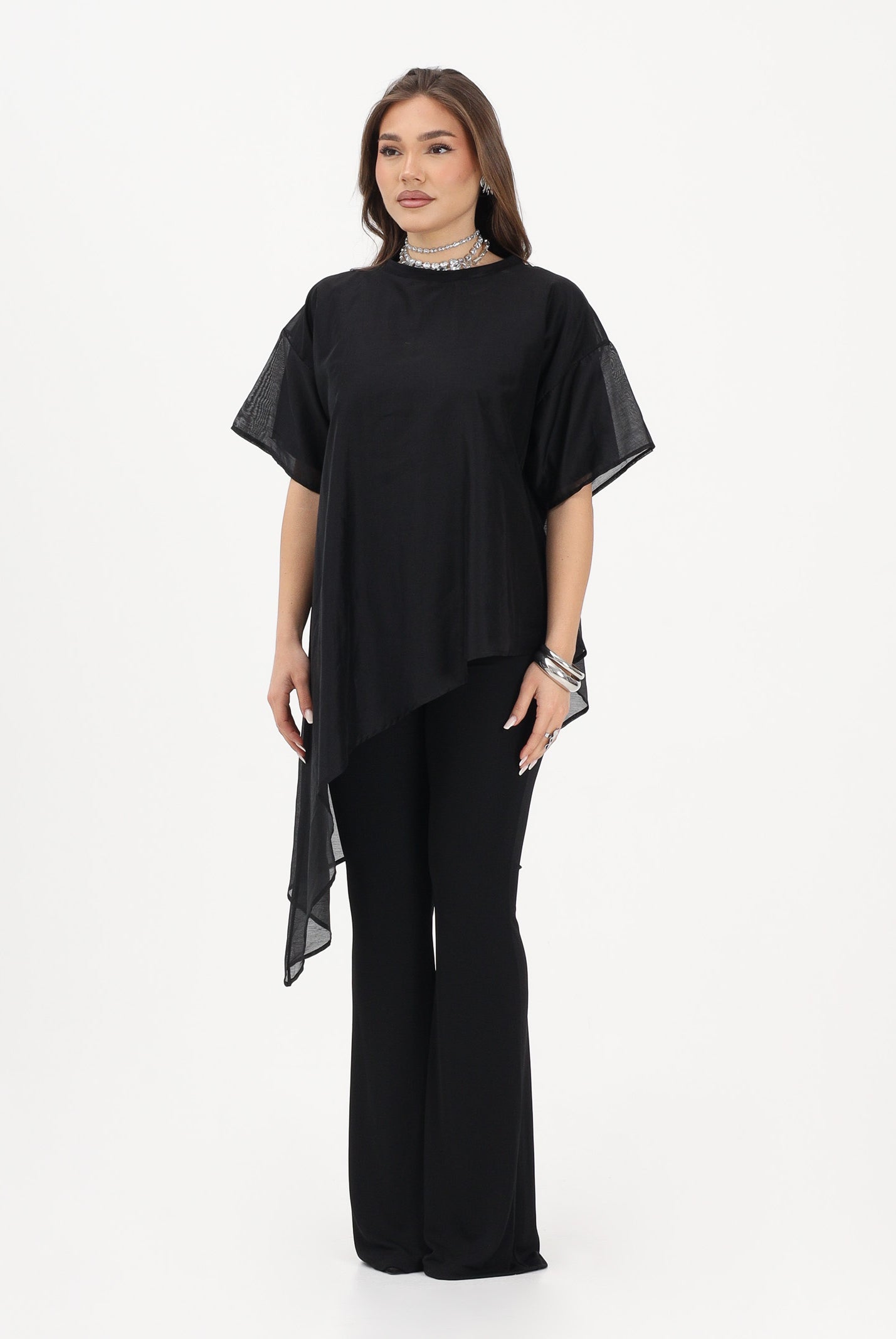 VICOLO T-shirt a manica corta nera da donna in tessuto velato UAB018 NE VICOLO