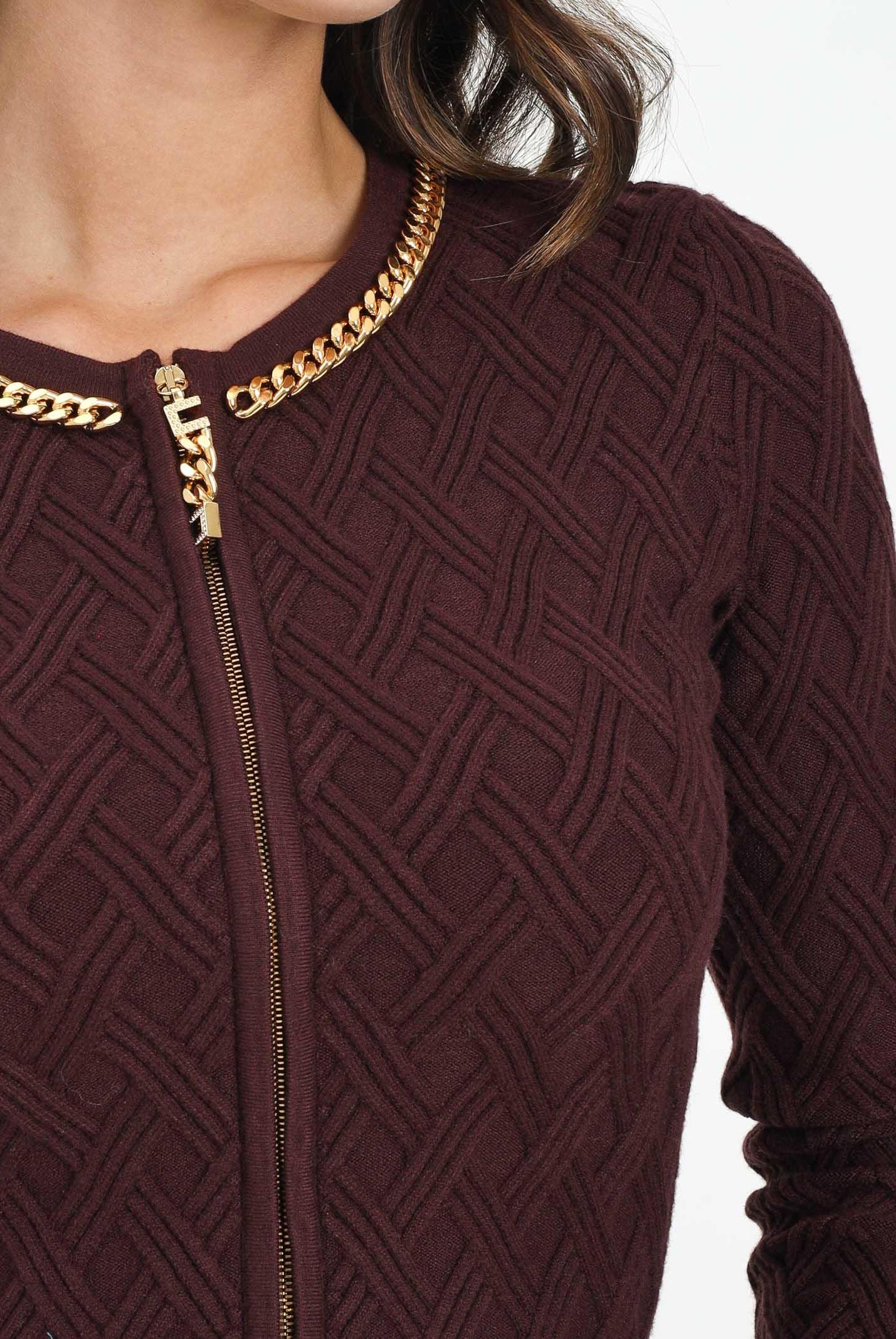 ELISABETTA FRANCHI Cardigan corto bordeaux da donna in maglia a rombi con dettaglio gioiello MK29B56E2 EA4 ELISABETTA FRANCHI