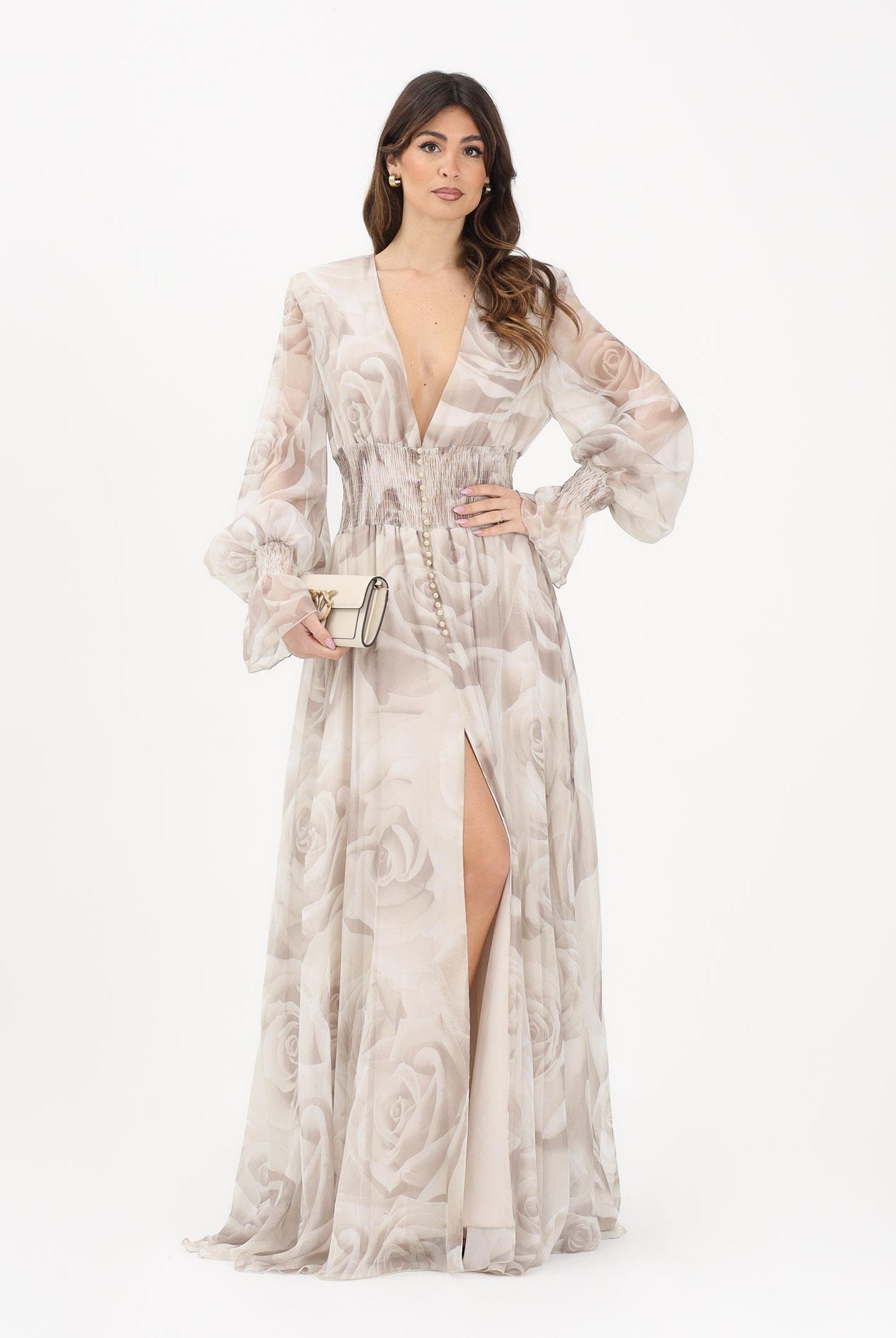 SHIT Abito lungo beige da donna con delicata fantasia floreale SH26052 NURO SHIT