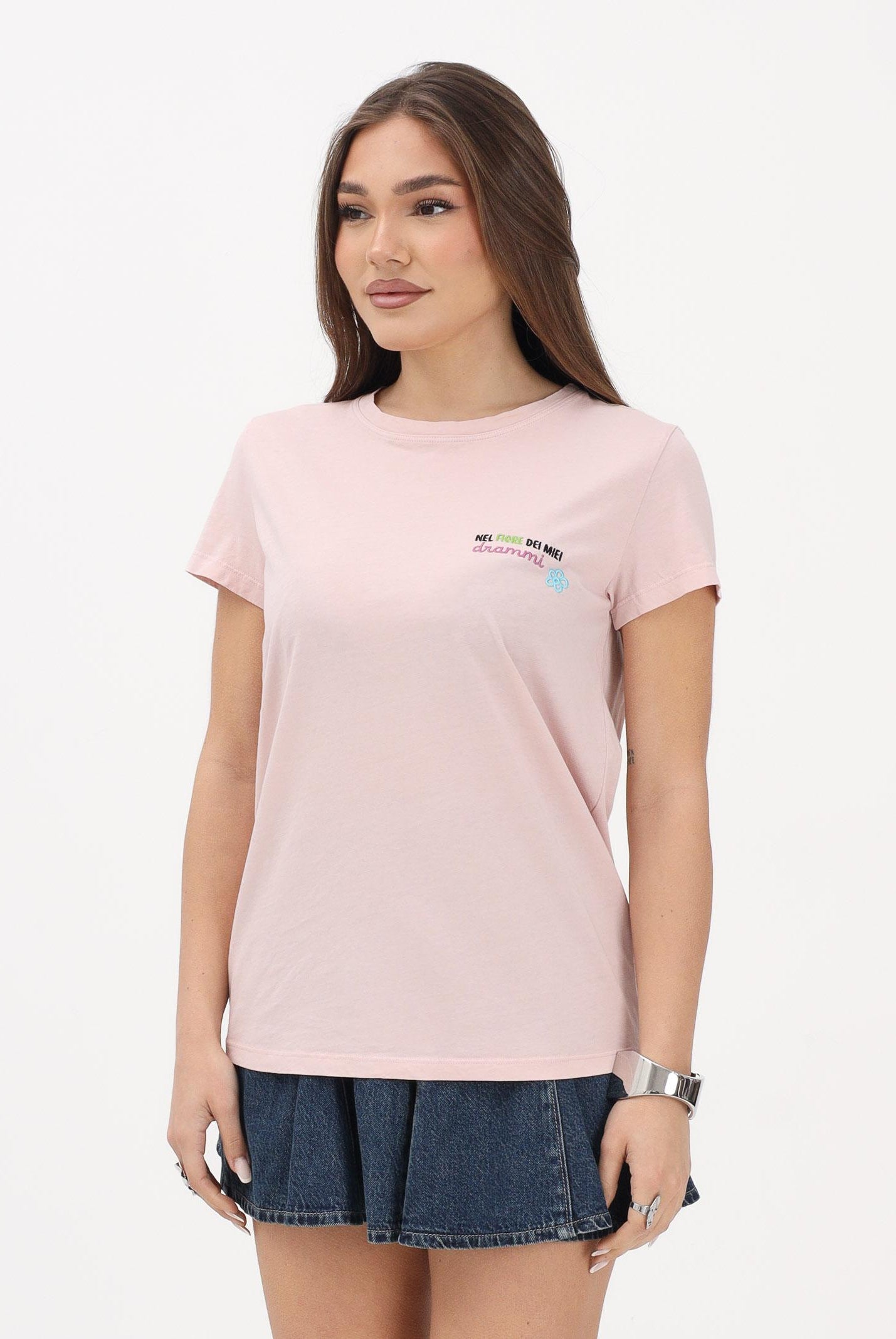 VICOLO T-shirt a manica corta rosa da donna con ricamo RAB0609 30 VICOLO