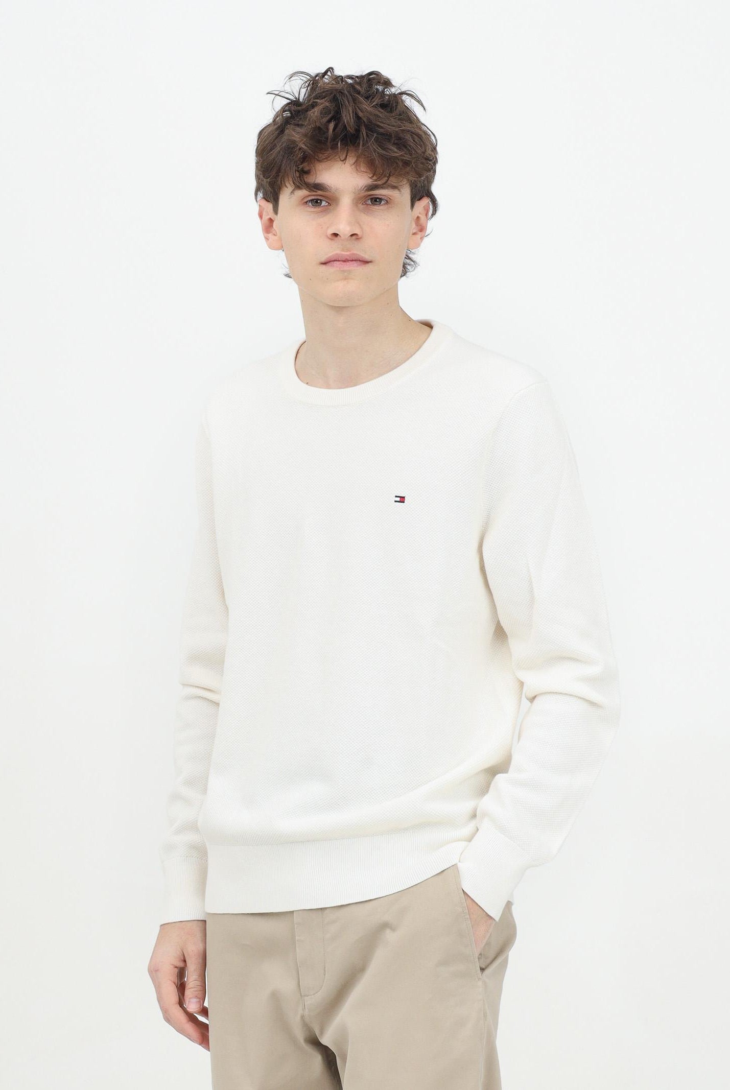 Maglioncino girocollo panna da uomo con ricamo logo MW0MW36347Z00 TOMMY HILFIGER