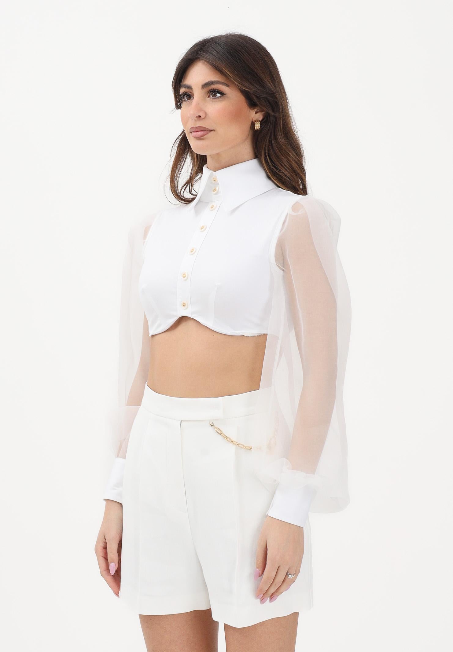ELISABETTA FRANCHI Camicia crop bianca da donna con maniche dai volumi balloon CA14461E2 100 ELISABETTA FRANCHI