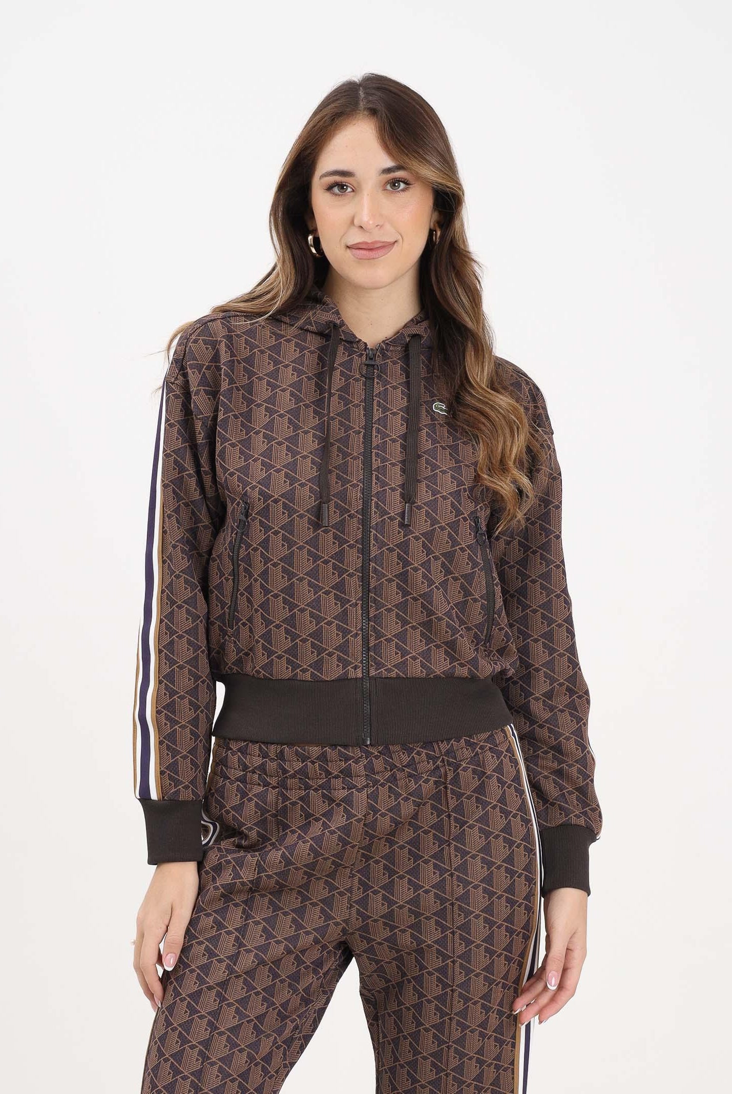 LACOSTE Felpa con zip marrone da donna in jacquard con monogramma SF7606 9I4 LACOSTE