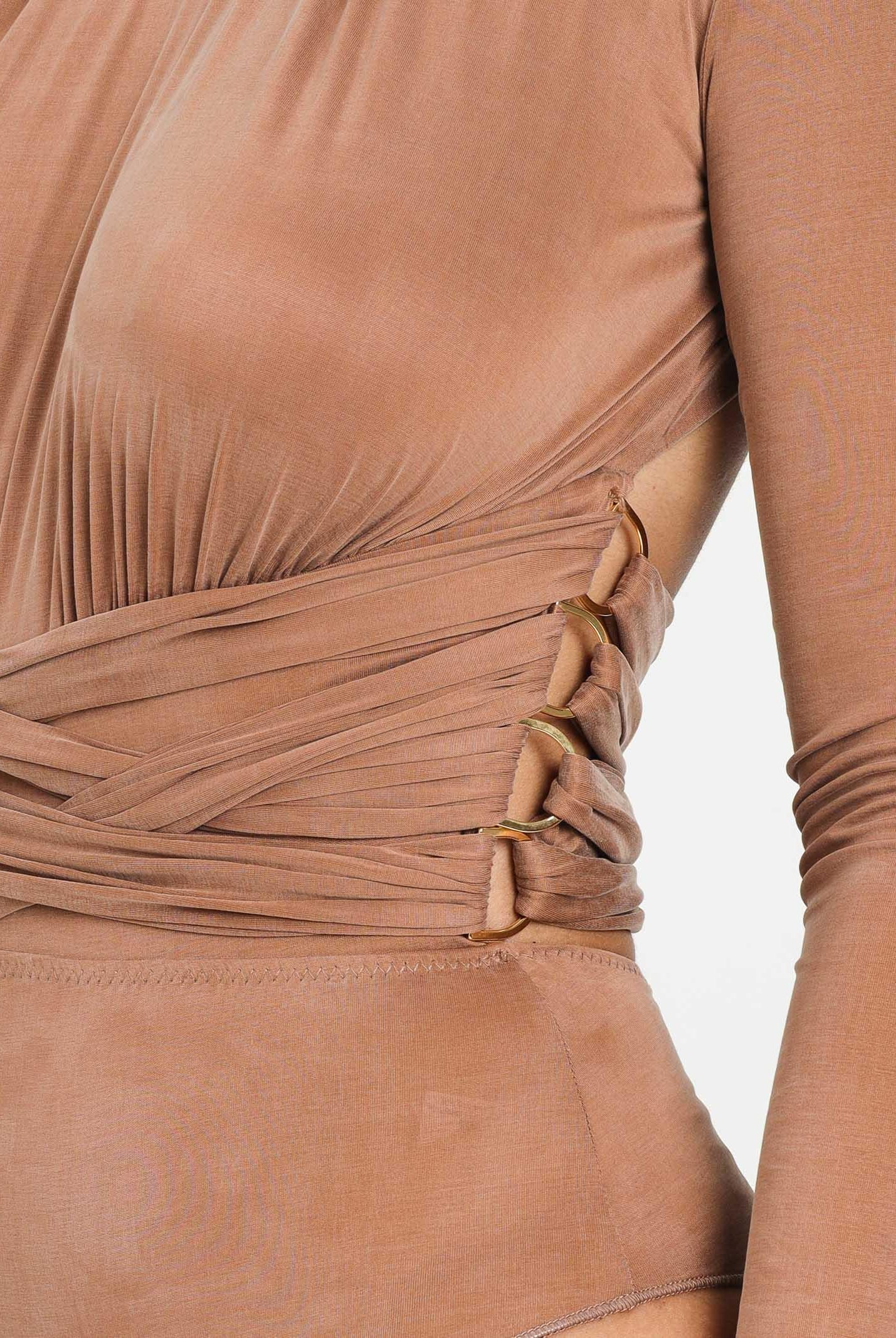 ELISABETTA FRANCHI Body manica lunga cammello da donna con nastri criss-cross<BR/> BO00856E2 EC1 ELISABETTA FRANCHI