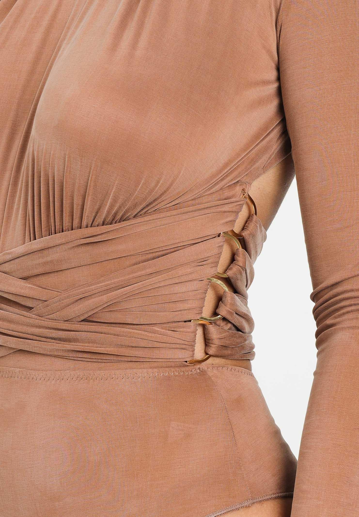 ELISABETTA FRANCHI Body manica lunga cammello da donna con nastri criss-cross<BR/> BO00856E2 EC1 ELISABETTA FRANCHI