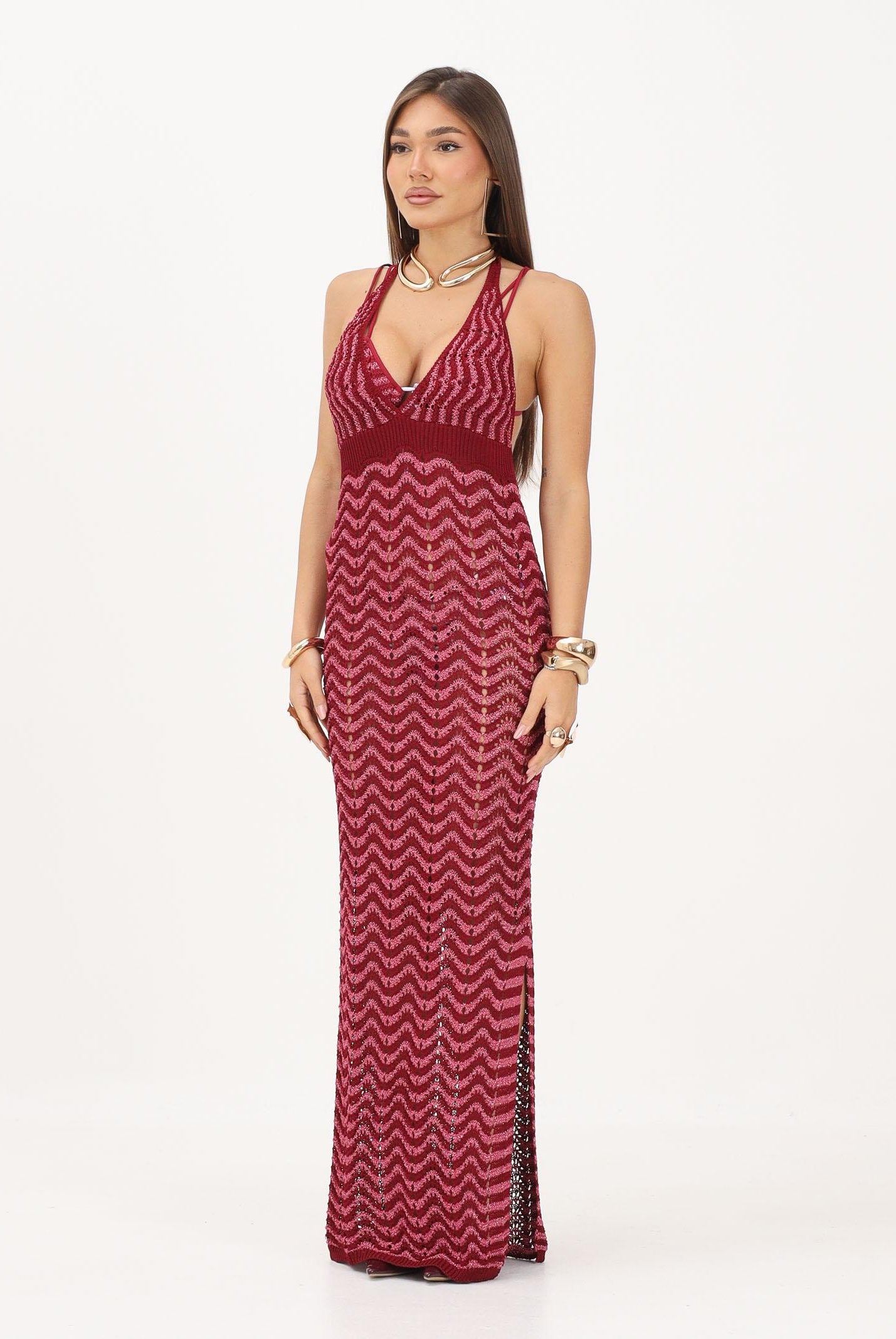 F**K abito lungo mare lavorato a maglia fantasia chevron fucsia rosa donna. FK26-SW0667FX . F**K