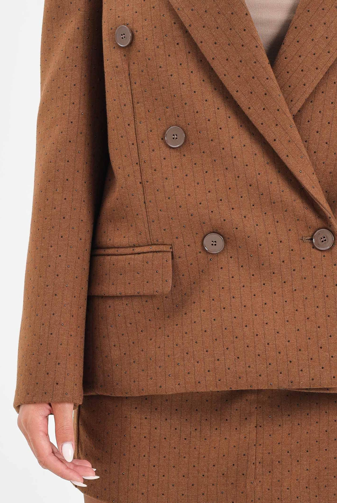 VICOLO Giacca doppiopetto cammello da donna con motivo gessato e strass TF0258 FFCU VICOLO