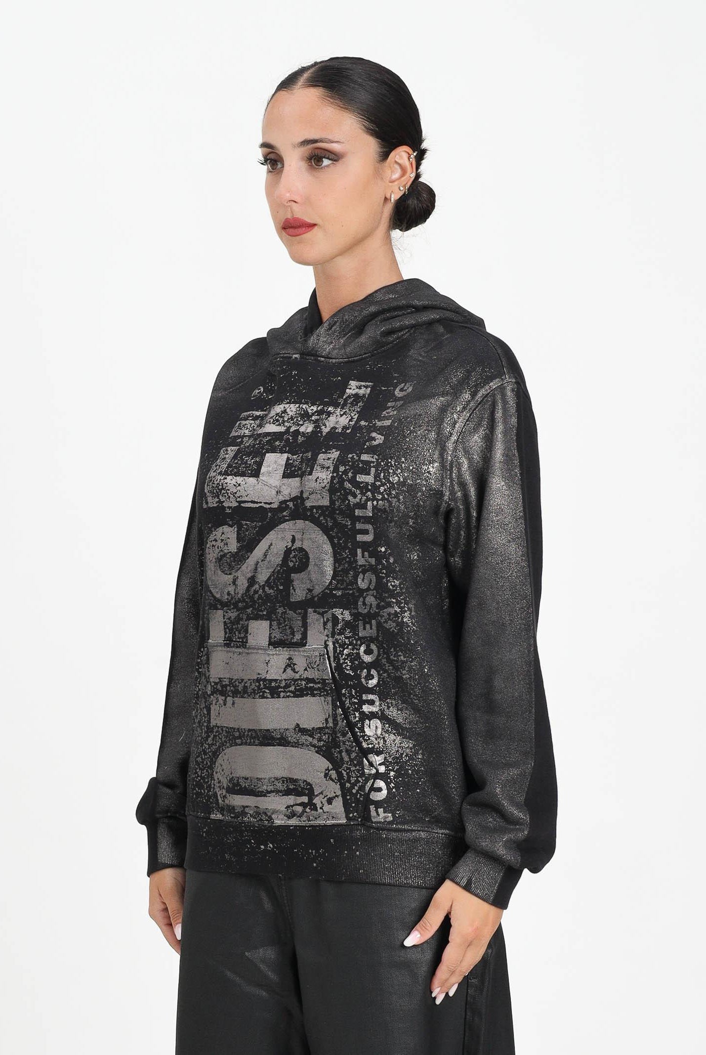 DIESEL Felpa con cappuccio nera per donna, ragazzi e bambini dal look vissuto J02492KYAZU K900 DIESEL