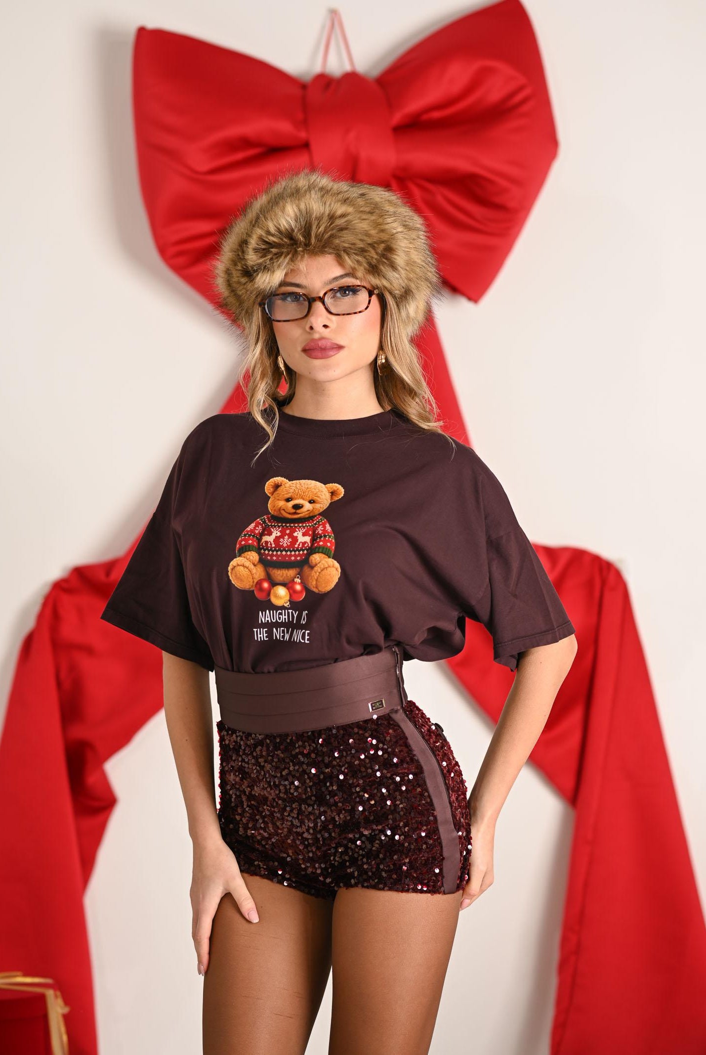 VICOLO T-shirt a manica corta marrone da donna con stampa teddy RF0620 MA VICOLO