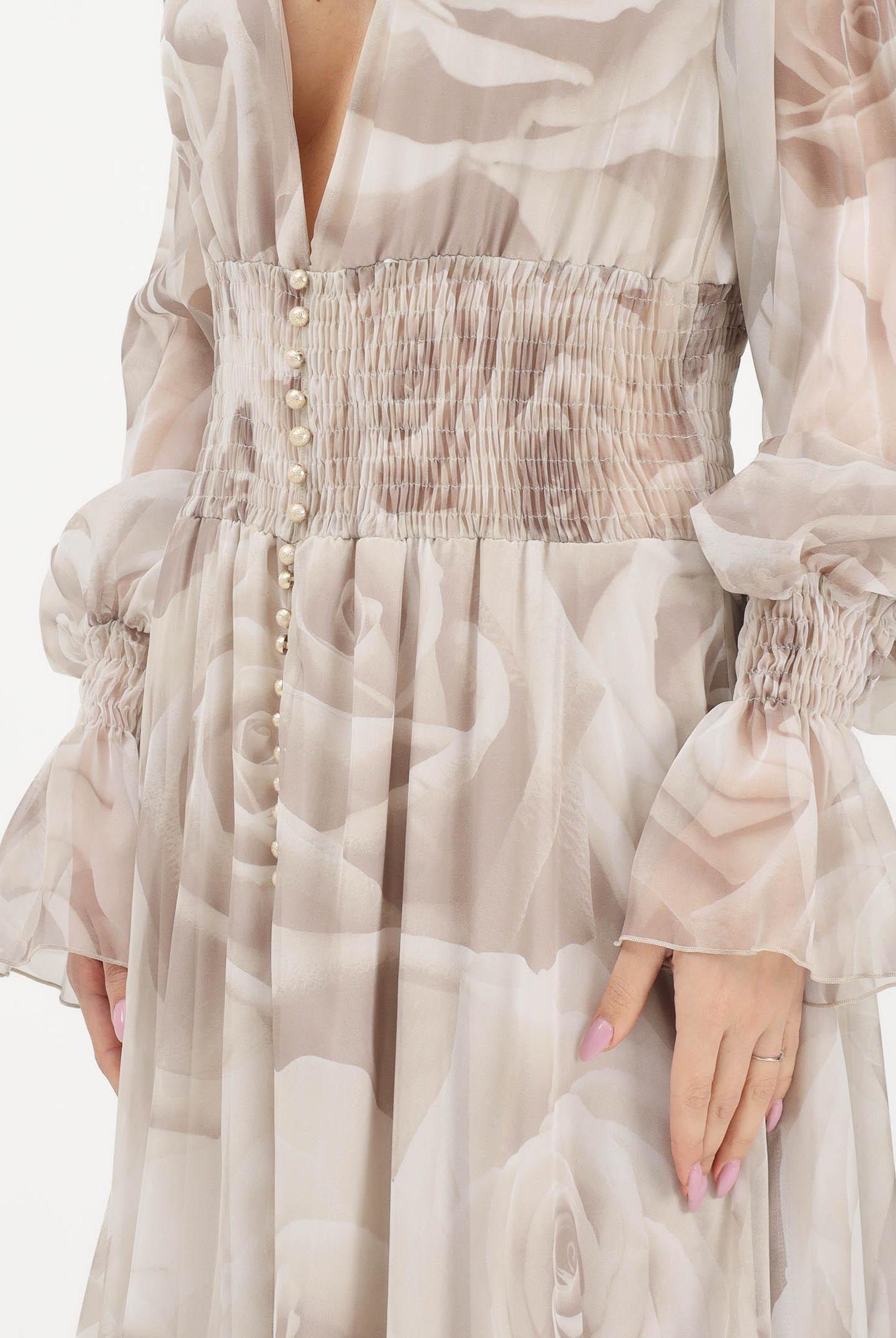 SHIT Abito lungo beige da donna con delicata fantasia floreale SH26052 NURO SHIT