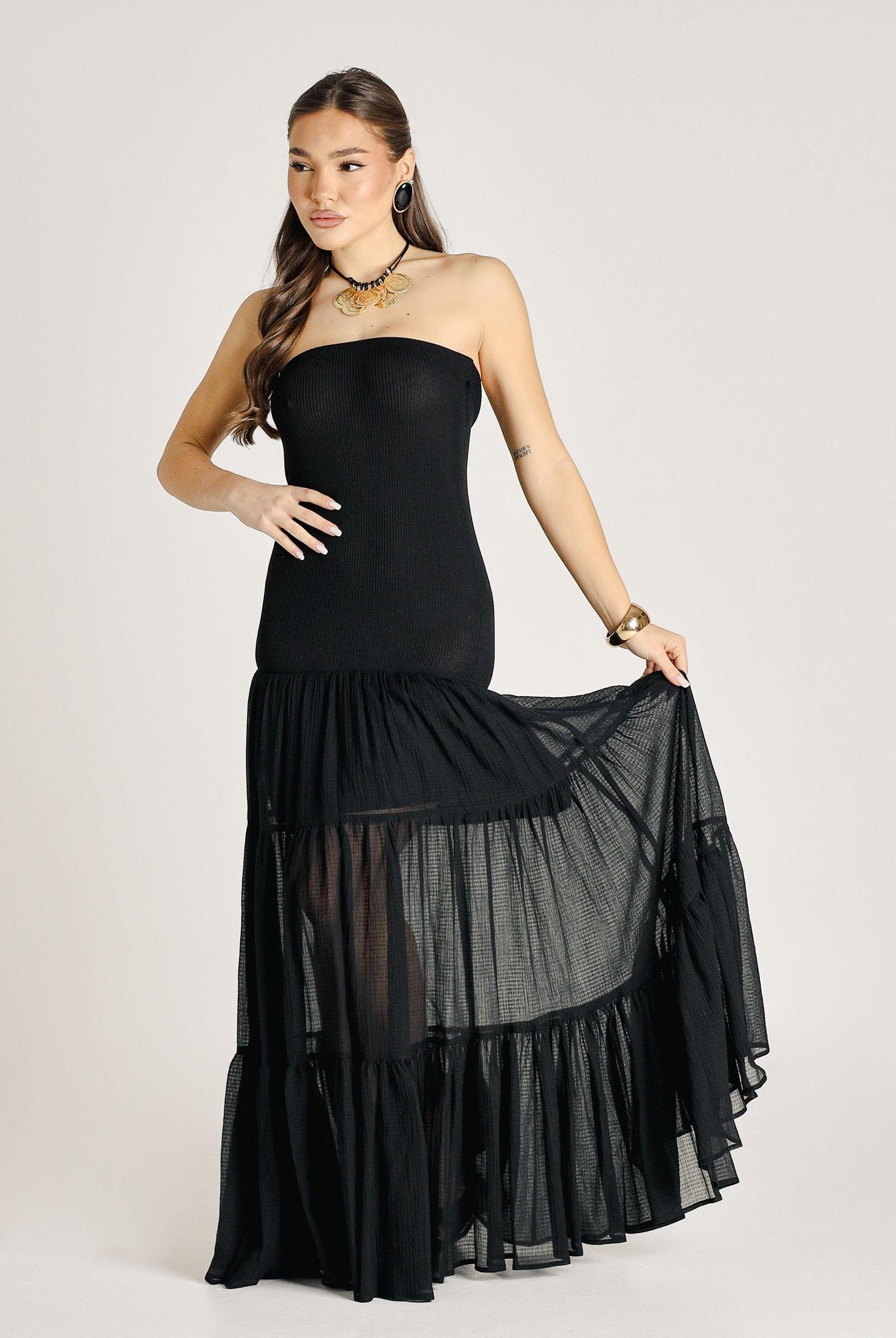 PINKO Abito lungo strapless nero da donna con gonna in voile 107015A3D1 Z99 PINKO