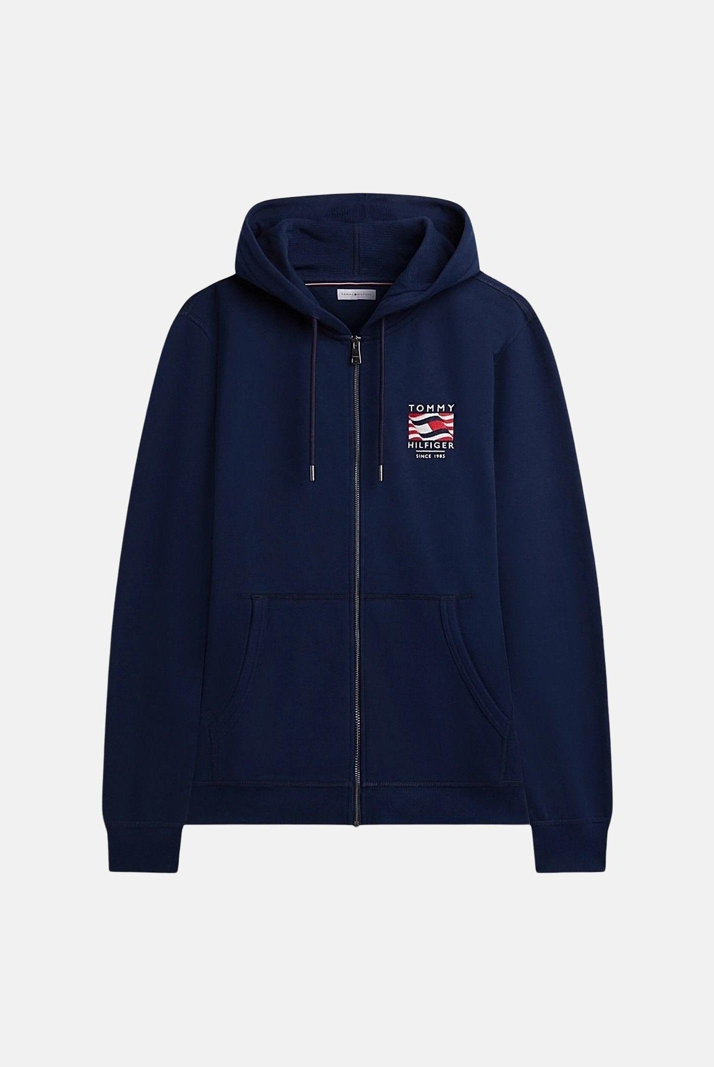 TOMMY HILFIGER Felpa con zip Flag Embroidery French Terry Zip-Thru Hoody carbon navy blu, colore basico blu, uomo. MW0MW43382 DCC TOMMY HILFIGER