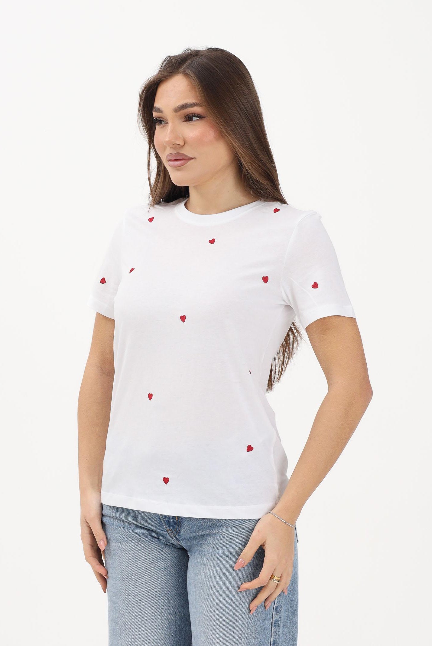 ONLY T-shirt a manica corta bianca da donna con ricamo cuori 15288473 BRWIHE ONLY