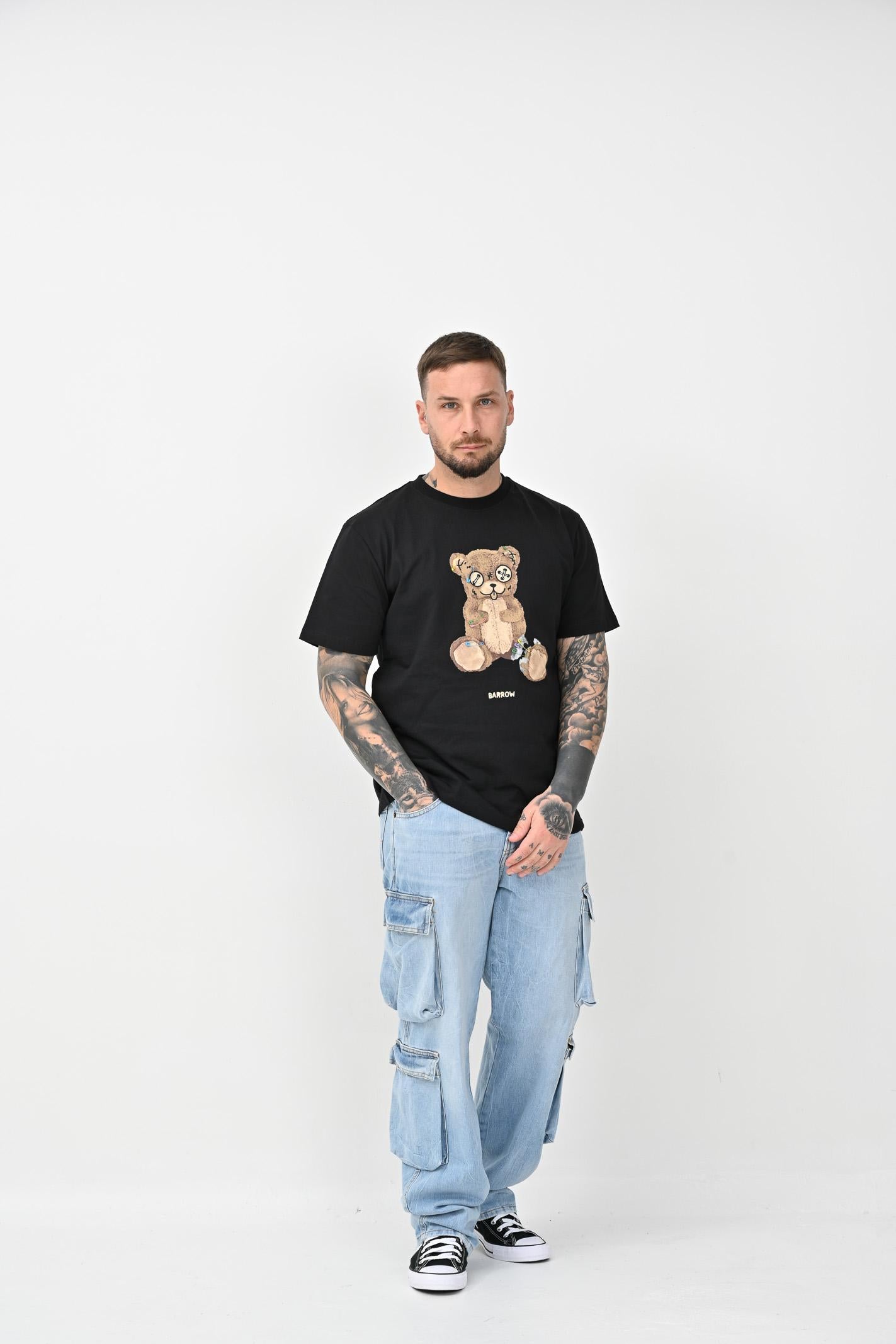 BARROW T-shirt a manica corta nera per uomo e donna con stampa orsacchiotto S5BWUATH154 110 BARROW