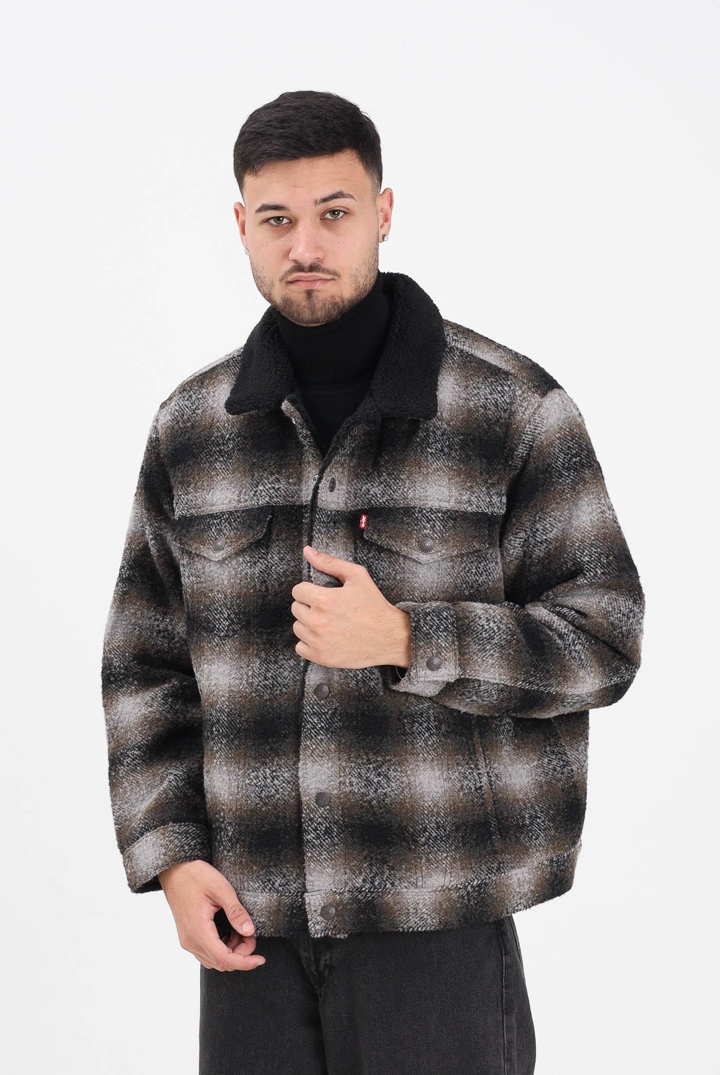 LEVI'S® Montone Sherpa Trucker da uomo con motivo check sfumato nei toni del nero, grigio e marrone A6030-0012 . LEVI'S®