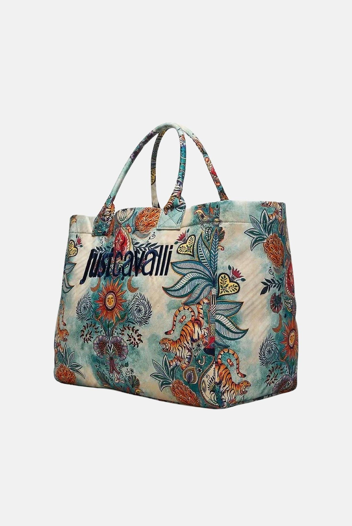 JUST CAVALLI Borsa mare panna e azzurra da donna con stampa artistica all-over 80RA4BS1ZG426 R86 JUST CAVALLI