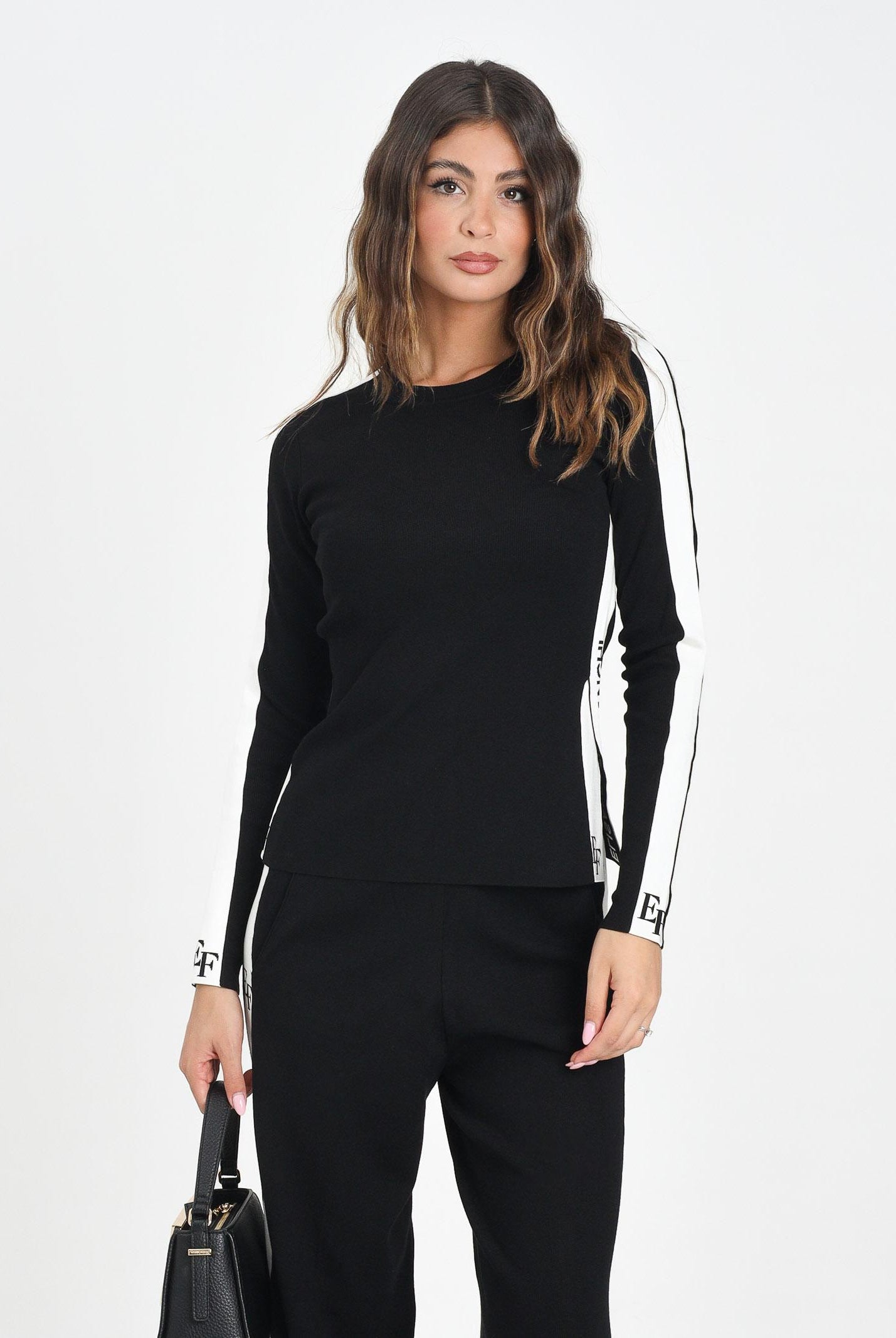 ELISABETTA FRANCHI Maglia a manica lunga nera da donna con bande lucide MK03S56E2 EF3 ELISABETTA FRANCHI