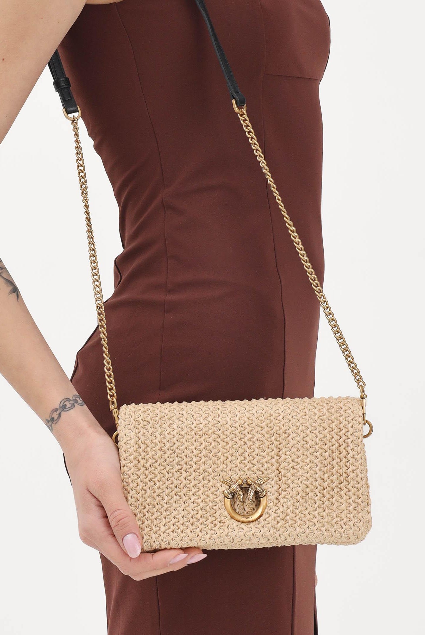PINKO Pochette Love Bag Click Soft Horizontal Mini in rafia beige da donna 106023A391 C24Q PINKO