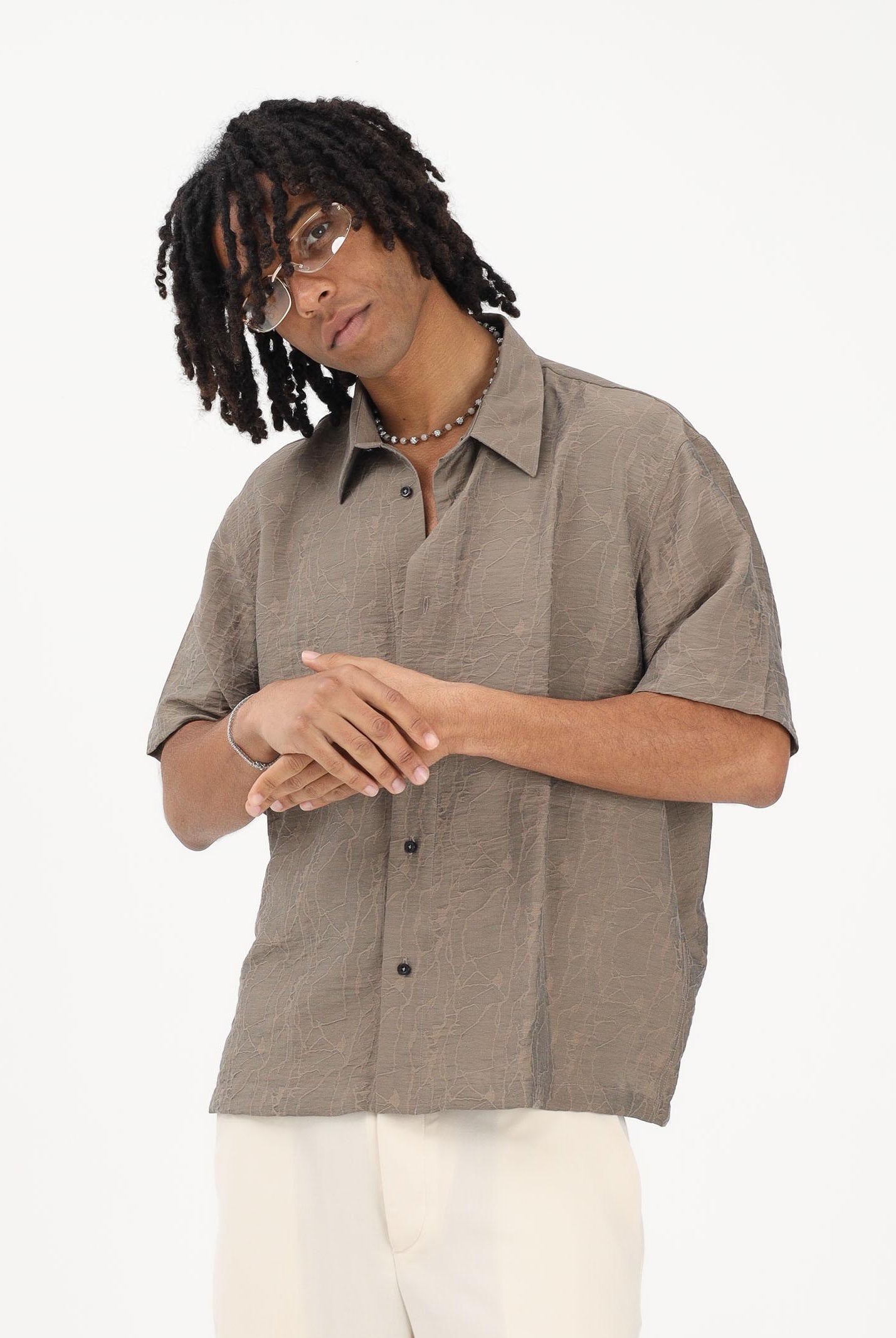 I'M BRIAN Camicia a manica corta fango da uomo con delicata texture CA3633 TA I'M BRIAN