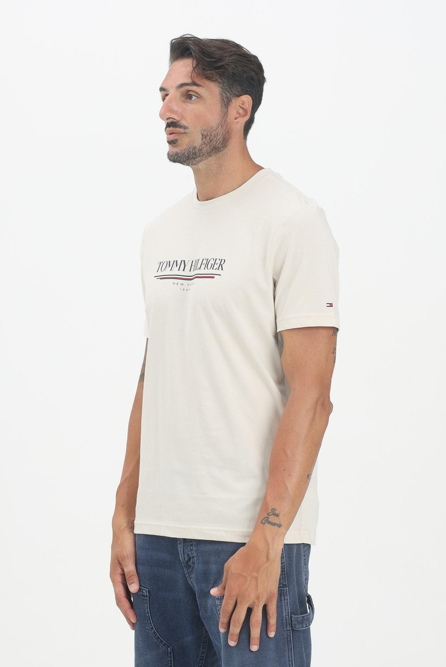 TOMMY HILFIGER T-shirt a manica corta beige da uomo con logo MW0MW40324ACG TOMMY HILFIGER