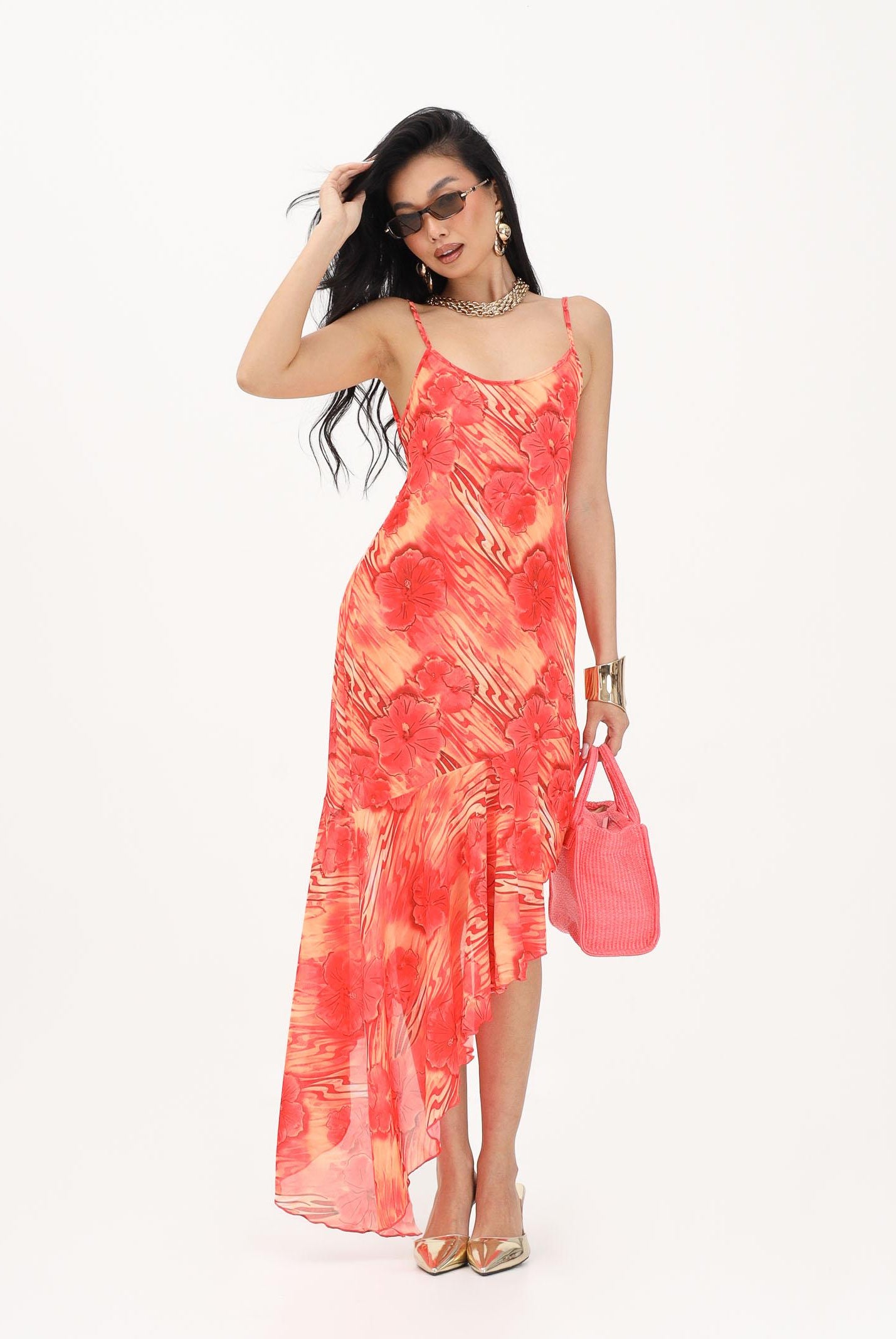 ME FUI Abito asimmetrico da donna caratterizzato da stampa floreale nei toni del rosso e arancio MF26-SW0306X11 . ME FUI