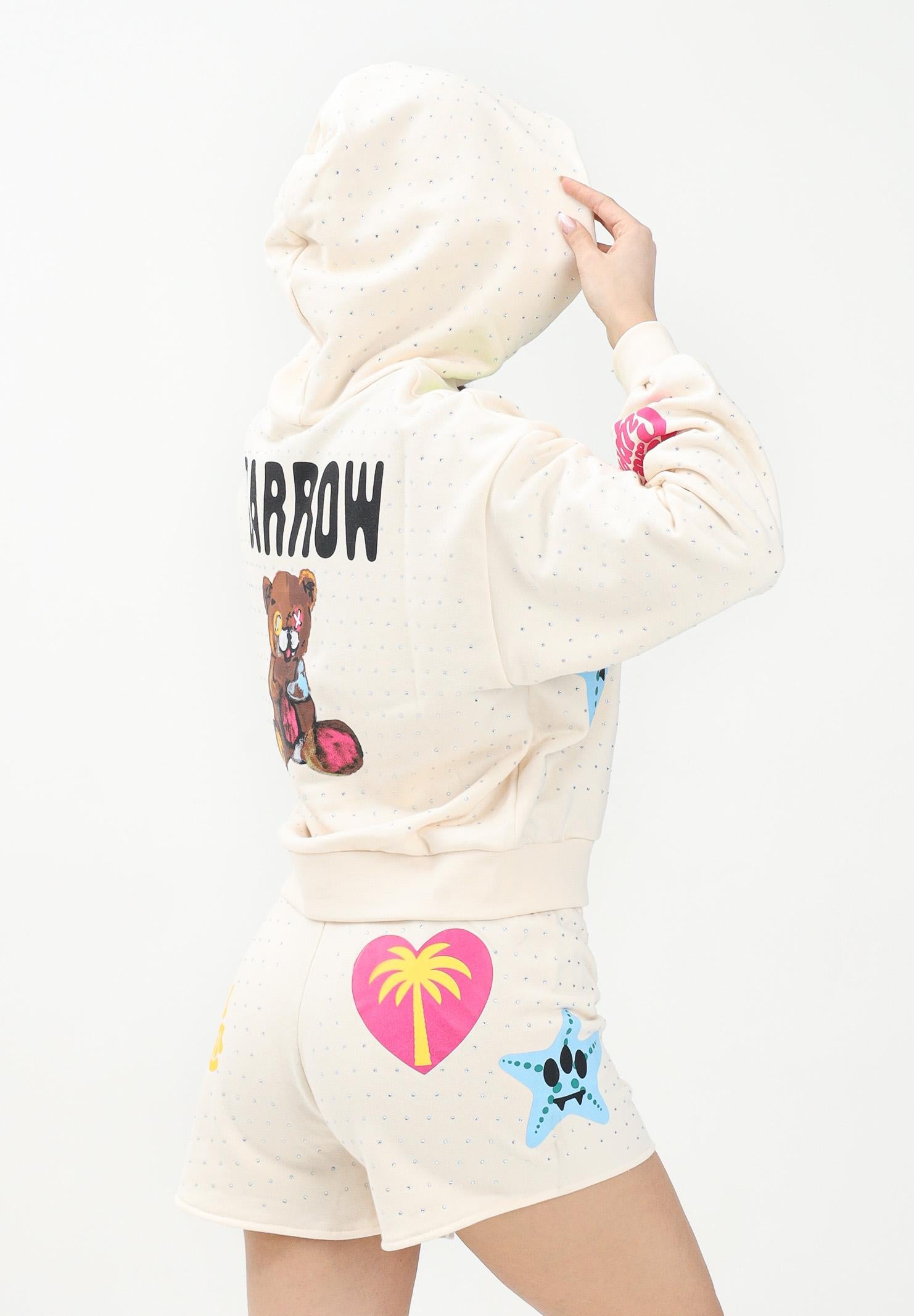 BARROW Felpa con cappuccio color crema per donna e bambina con strass e stampe S5BKJGHS140 013 BARROW