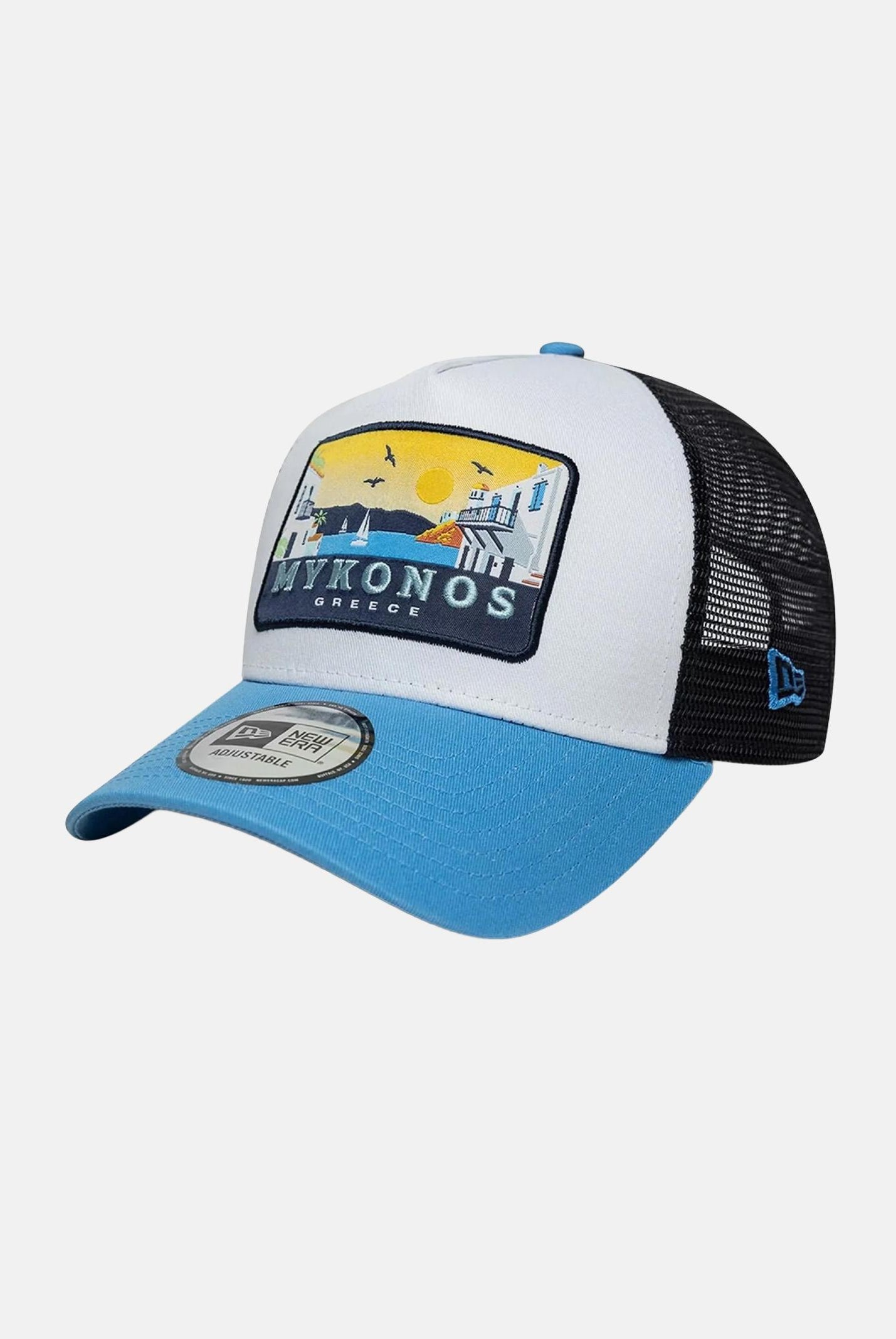 NEW ERA Cappello con visiera New Era Location Mykonos 9FORTY A-Frame Trucker azzurro per uomo e donna 60856283 . NEW ERA
