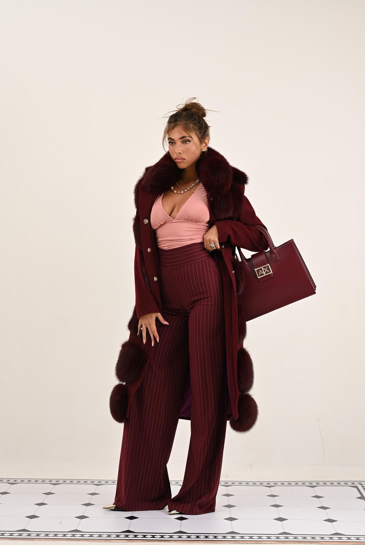 SANTAS Pantalone elegante POUVOIR bordeaux da donna con micro gessatura PV2626 BO SANTAS