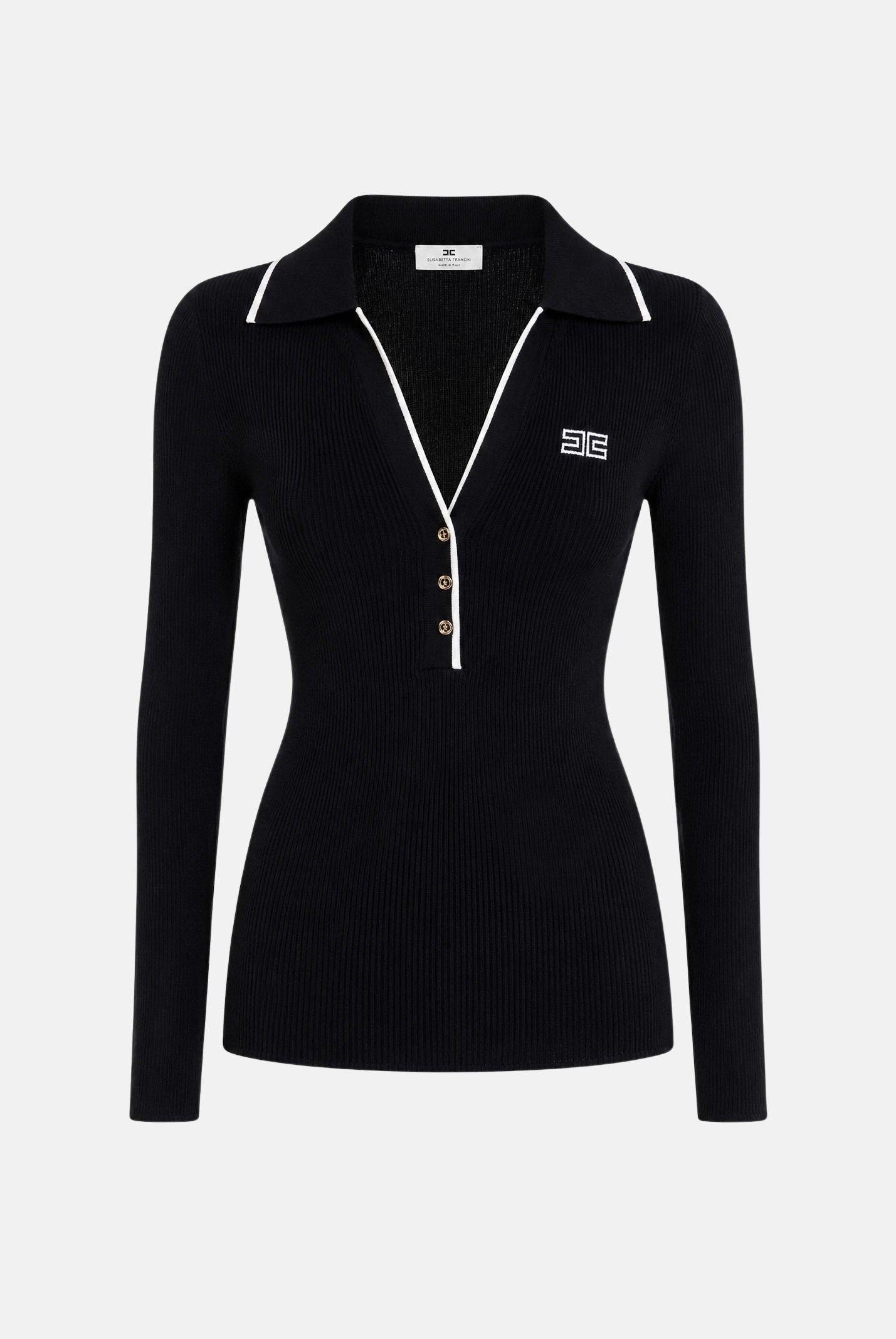 ELISABETTA FRANCHI Polo in lana a costine da donna, colore nero con dettagli burro. MK17B66E2 685 ELISABETTA FRANCHI