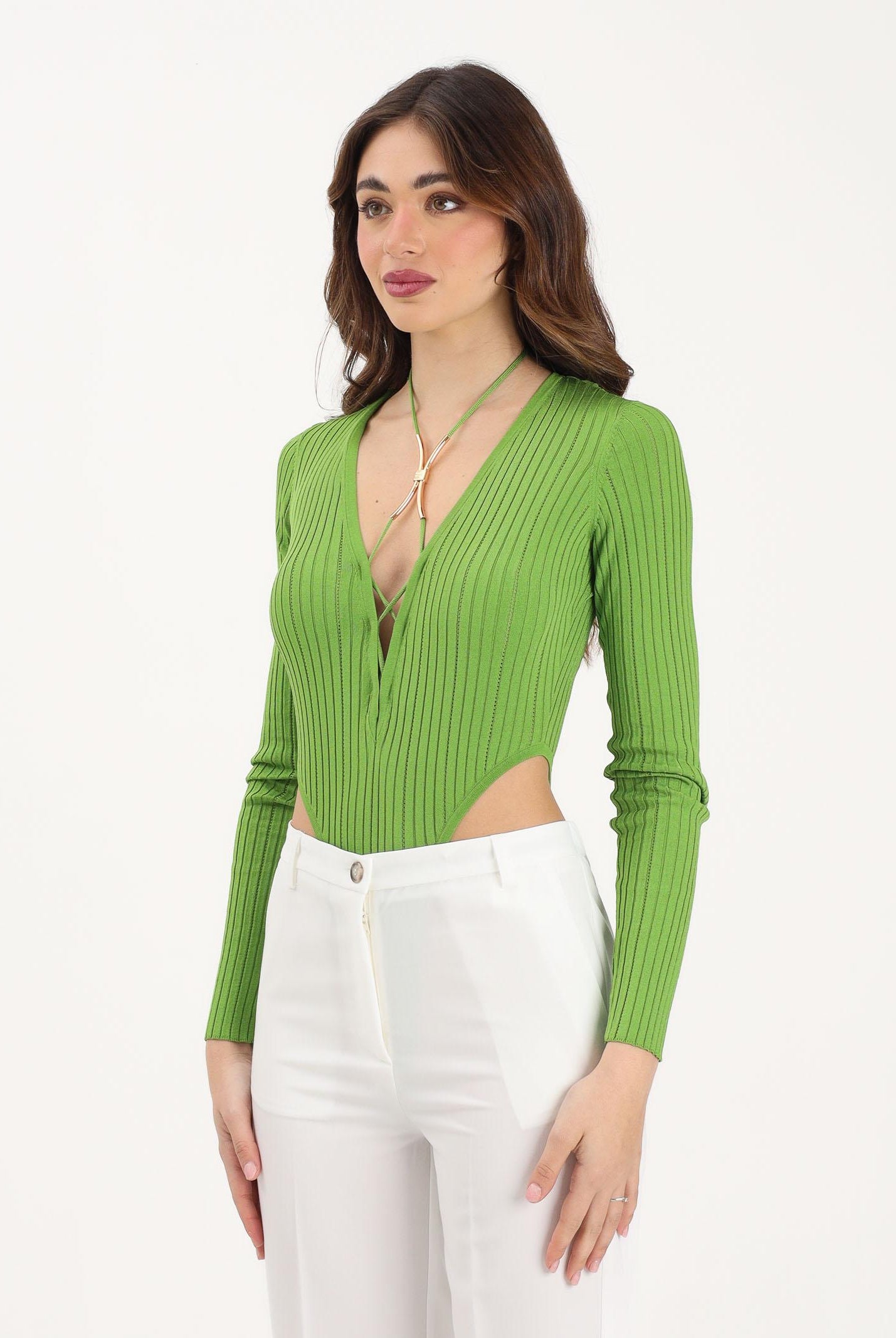 ELISABETTA FRANCHI Body a manica lunga verde da donna con dettaglio gioiello BK83S61E2 EV3 ELISABETTA FRANCHI