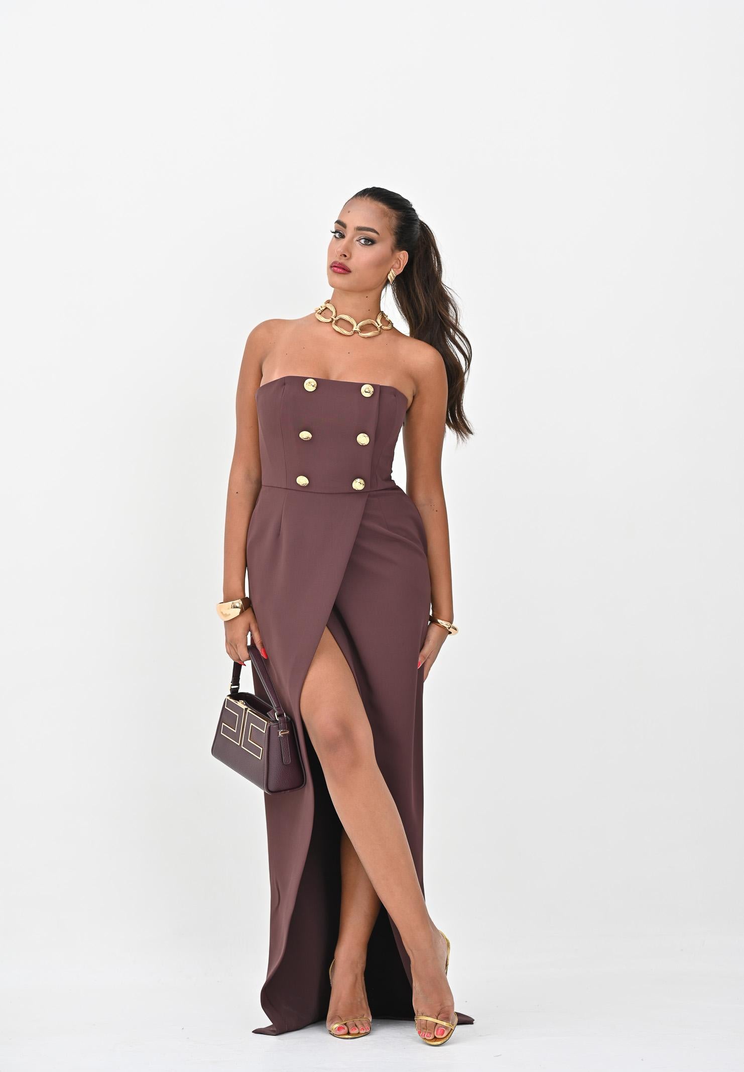 ELISABETTA FRANCHI Abito lungo bordeuax da donna in crêpe leggero con bottoni<BR/> ABR0456E2 EA4 ELISABETTA FRANCHI