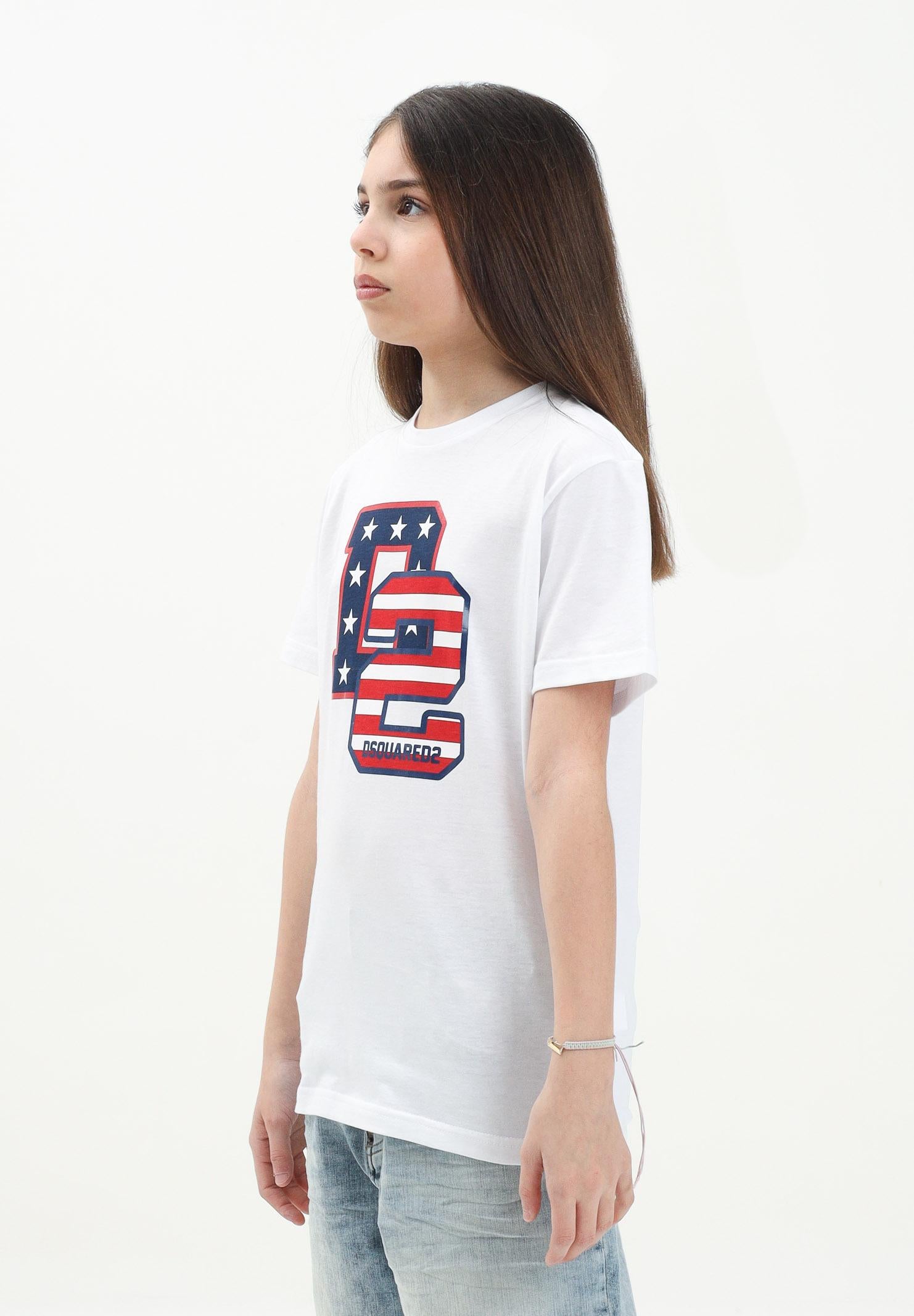 DSQUARED2 T-shirt a manica corta bianca per donna, ragazzi e bambini con stampa in stile college D2 USA DQ2737D004G DQ100 DSQUARED2