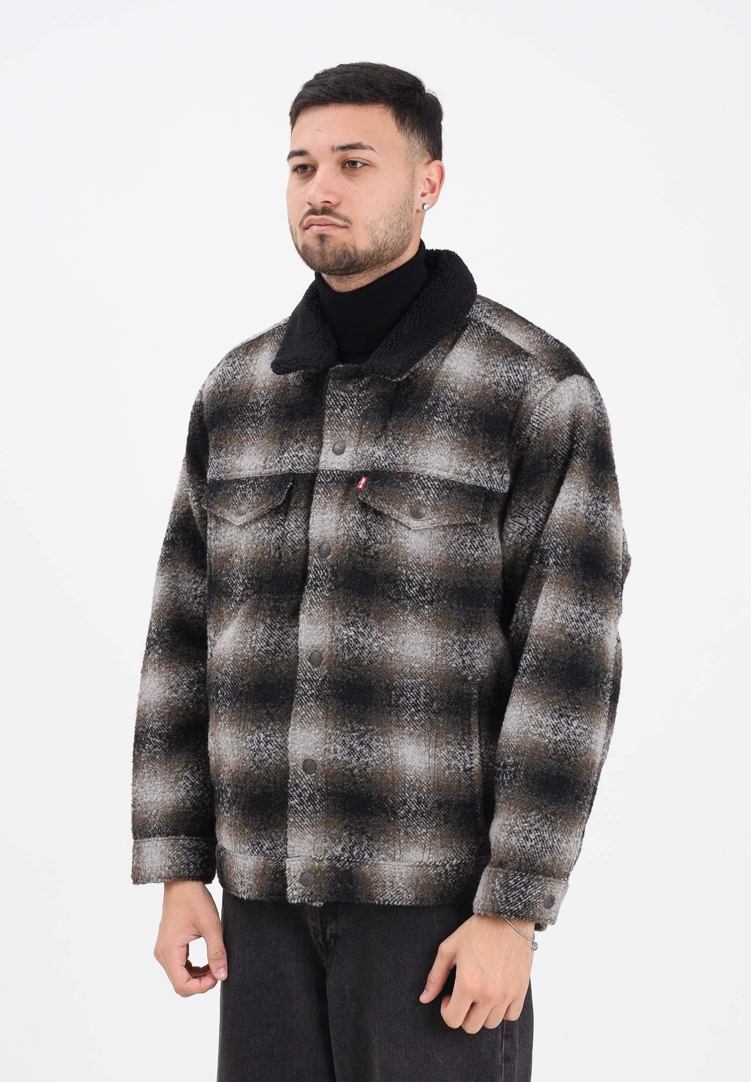 LEVI'S® Montone Sherpa Trucker da uomo con motivo check sfumato nei toni del nero, grigio e marrone A6030-0012 . LEVI'S®