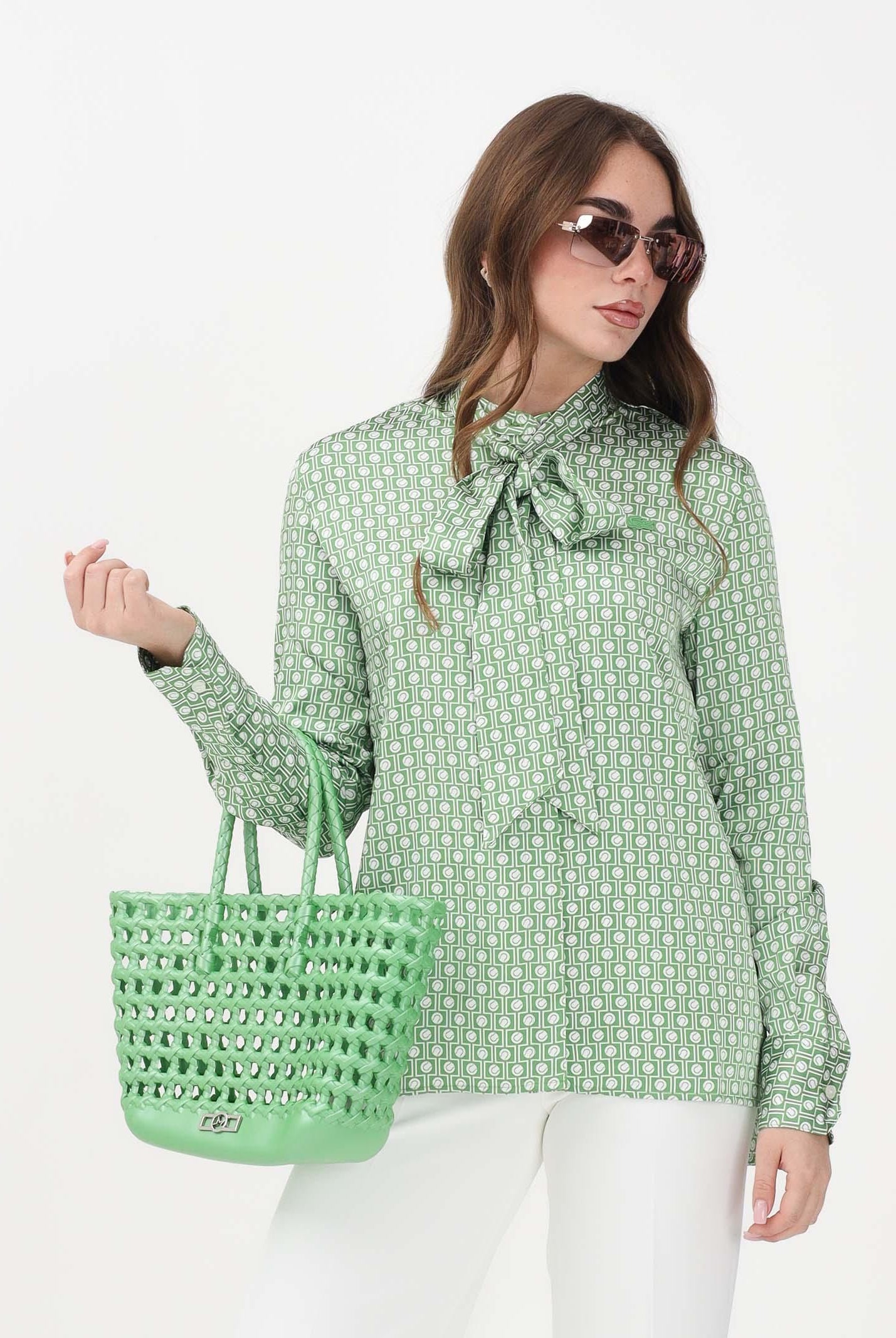 LACOSTE Camicia a manica lunga bianca e verde da donna con collo annodato staccabile CF2626 4SI LACOSTE